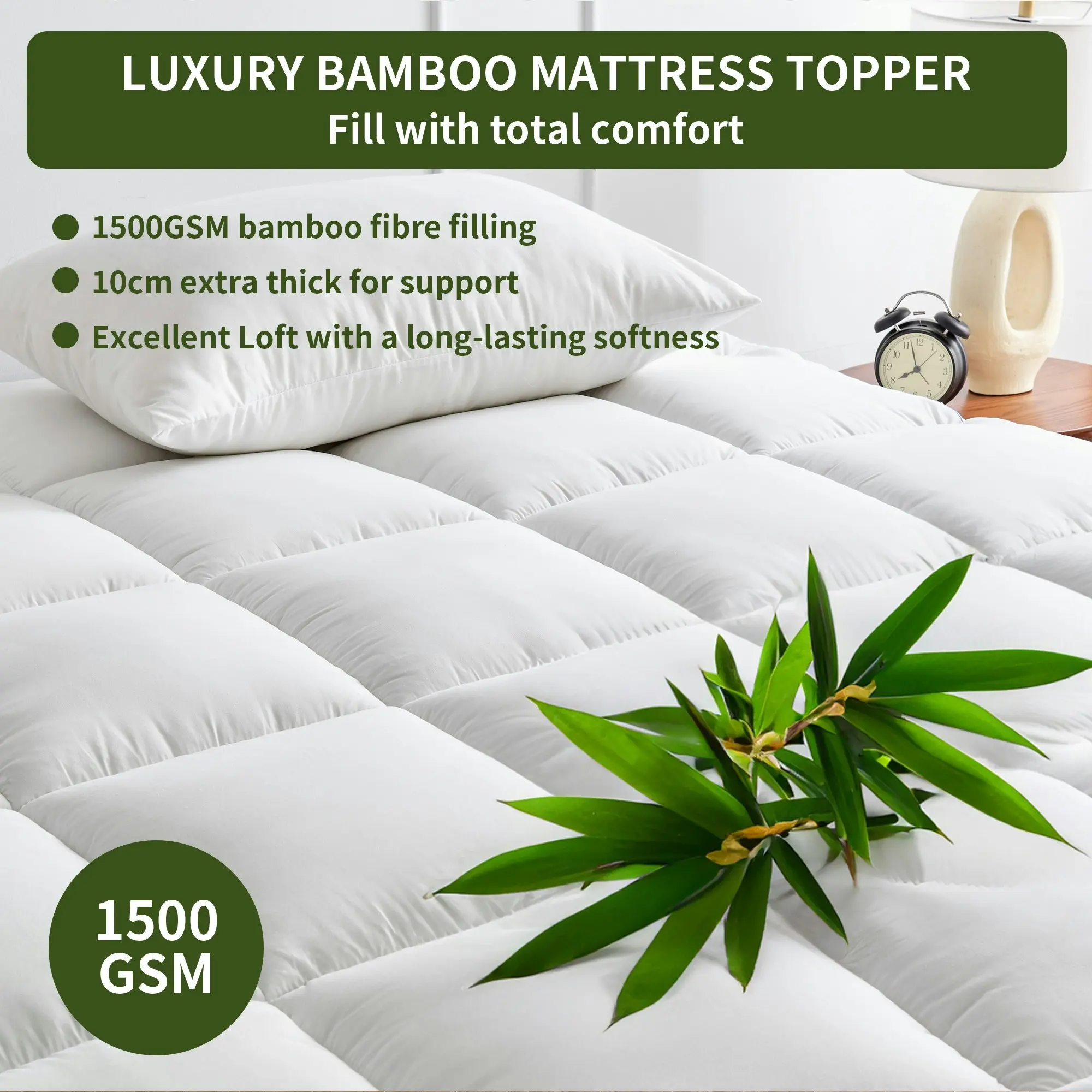 Linenova Luxury 1500GSM 10CM Bamboo Mattress Topper Extra Thick Breathable Mattress Pillowtop All Size