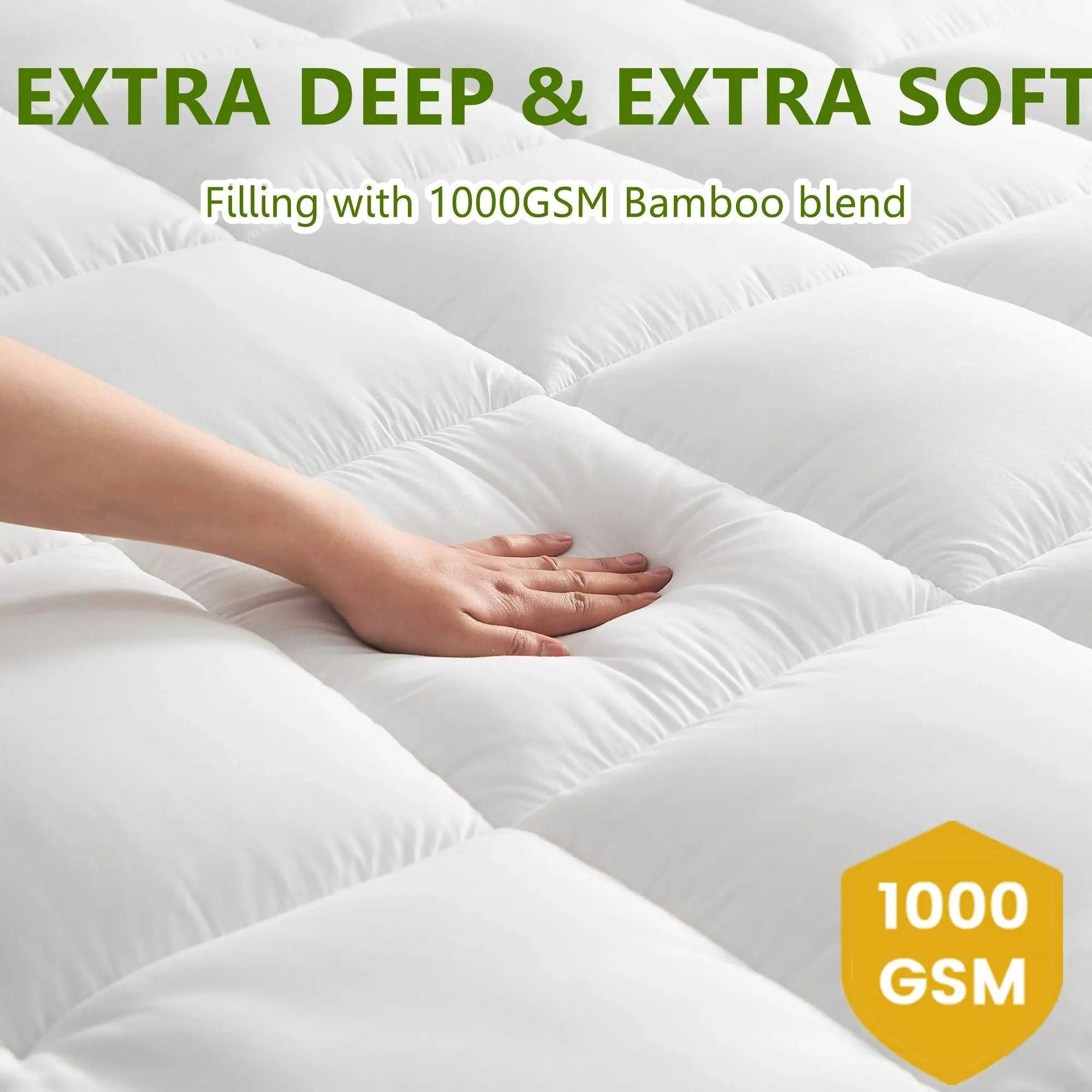 Linenova 1000GSM Luxury Bamboo Mattress Topper Fluffy Soft Cooling Fitted Mattress Pillowtop All Size