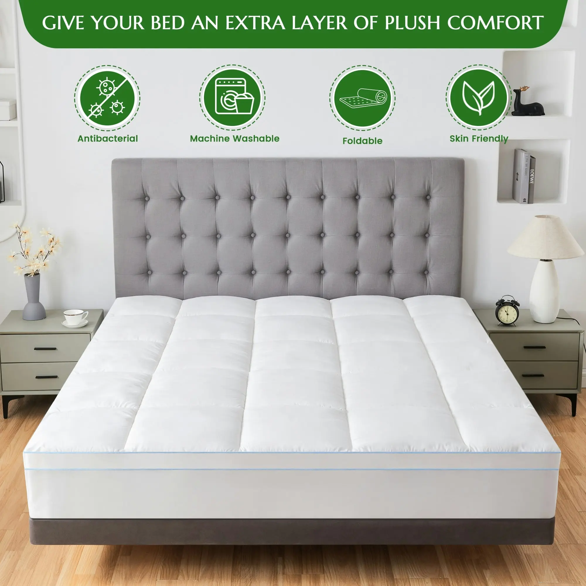 Linenova 1000GSM Luxury Bamboo Mattress Topper Fluffy Soft Cooling Fitted Mattress Pillowtop All Size