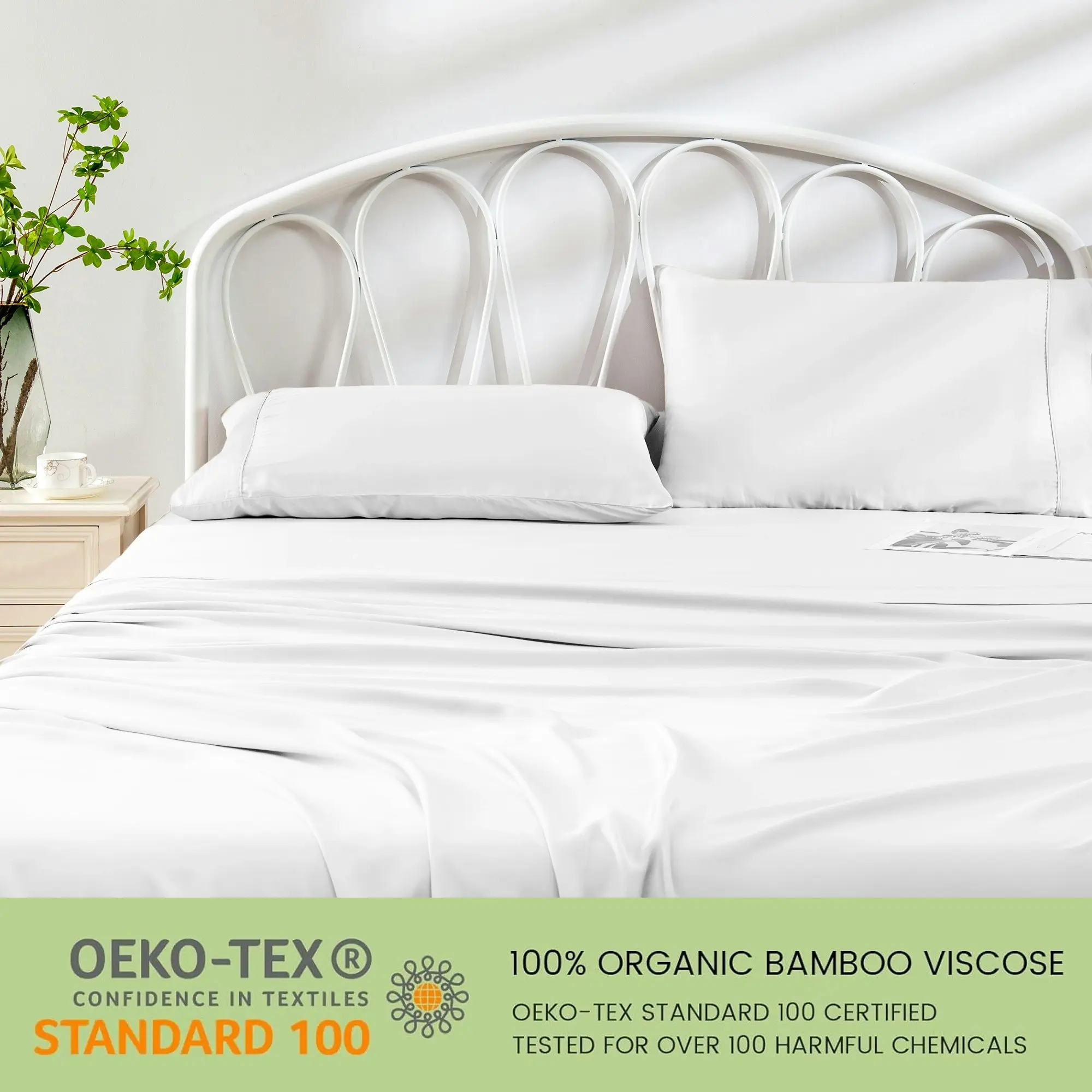 Linenova 100% Organic Bamboo Sheet Sets Cooling Soft 4 Pcs Set,White