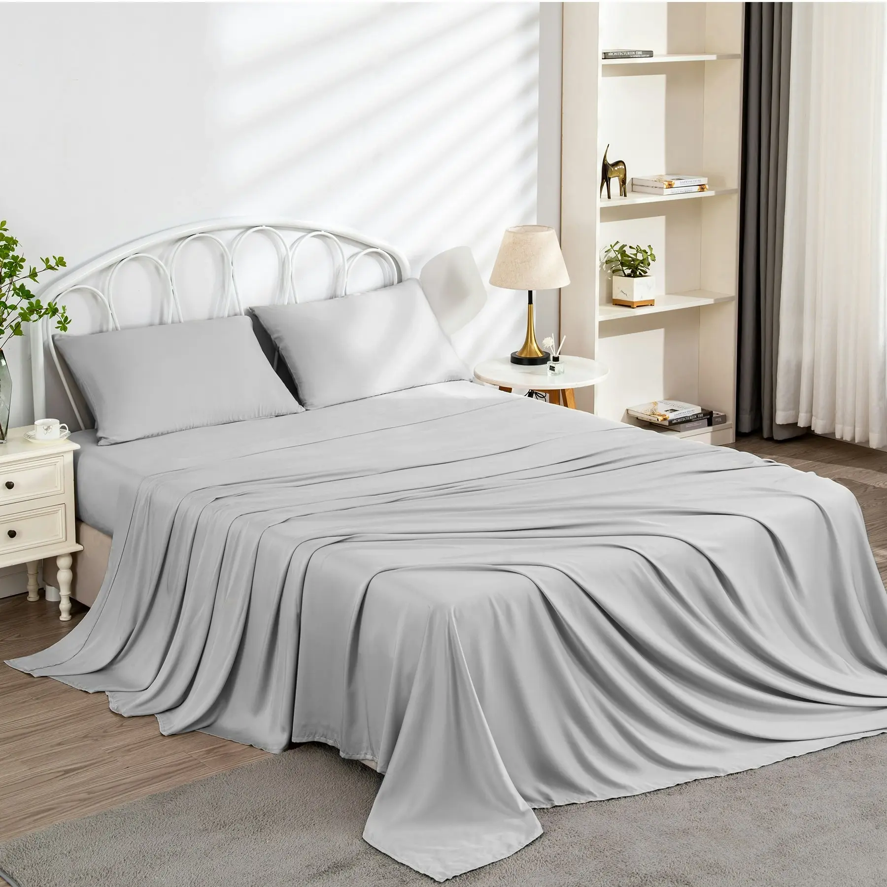 Linenova 100% Organic Bamboo Sheet Sets Cooling Soft 5 Sizes Bed Set,Silver