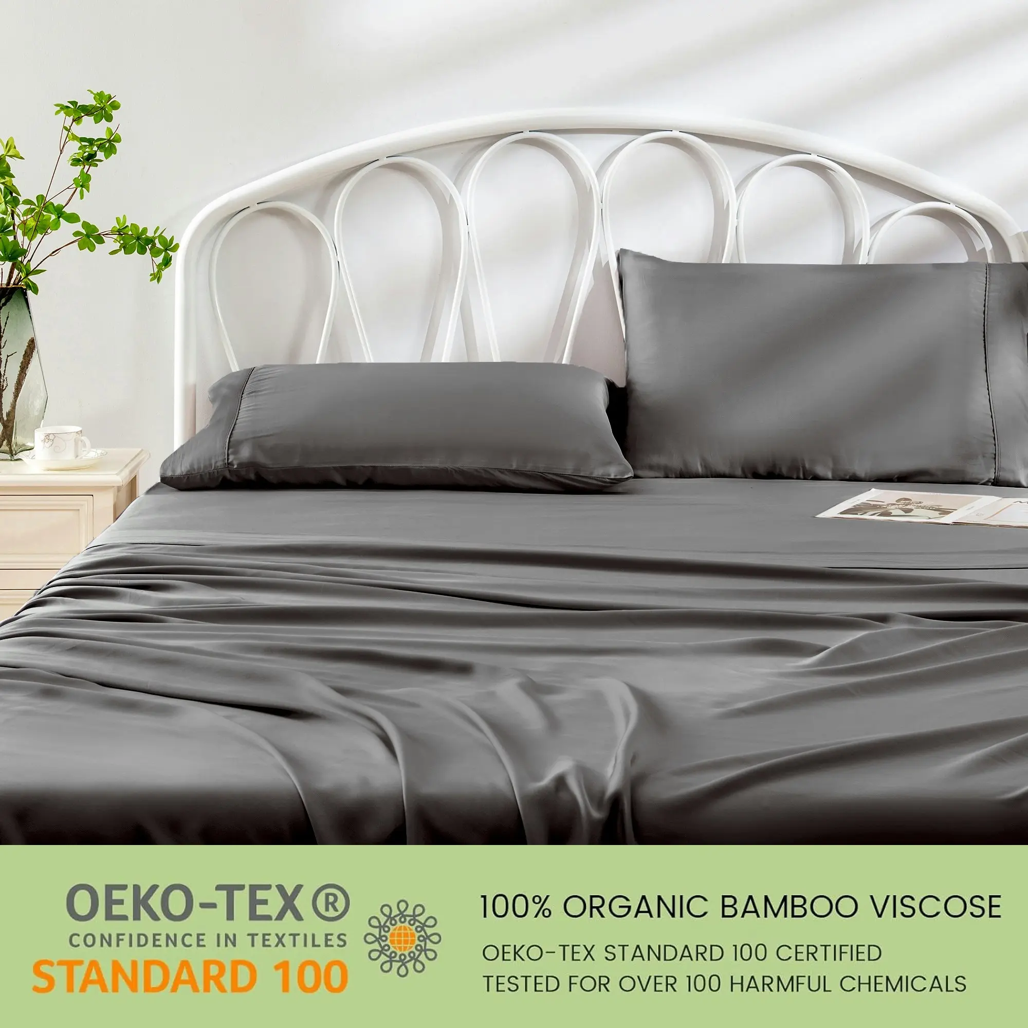 Linenova 100% Organic Bamboo Sheet Sets Cooling Soft 5 Sizes Bed Set,Charcoal