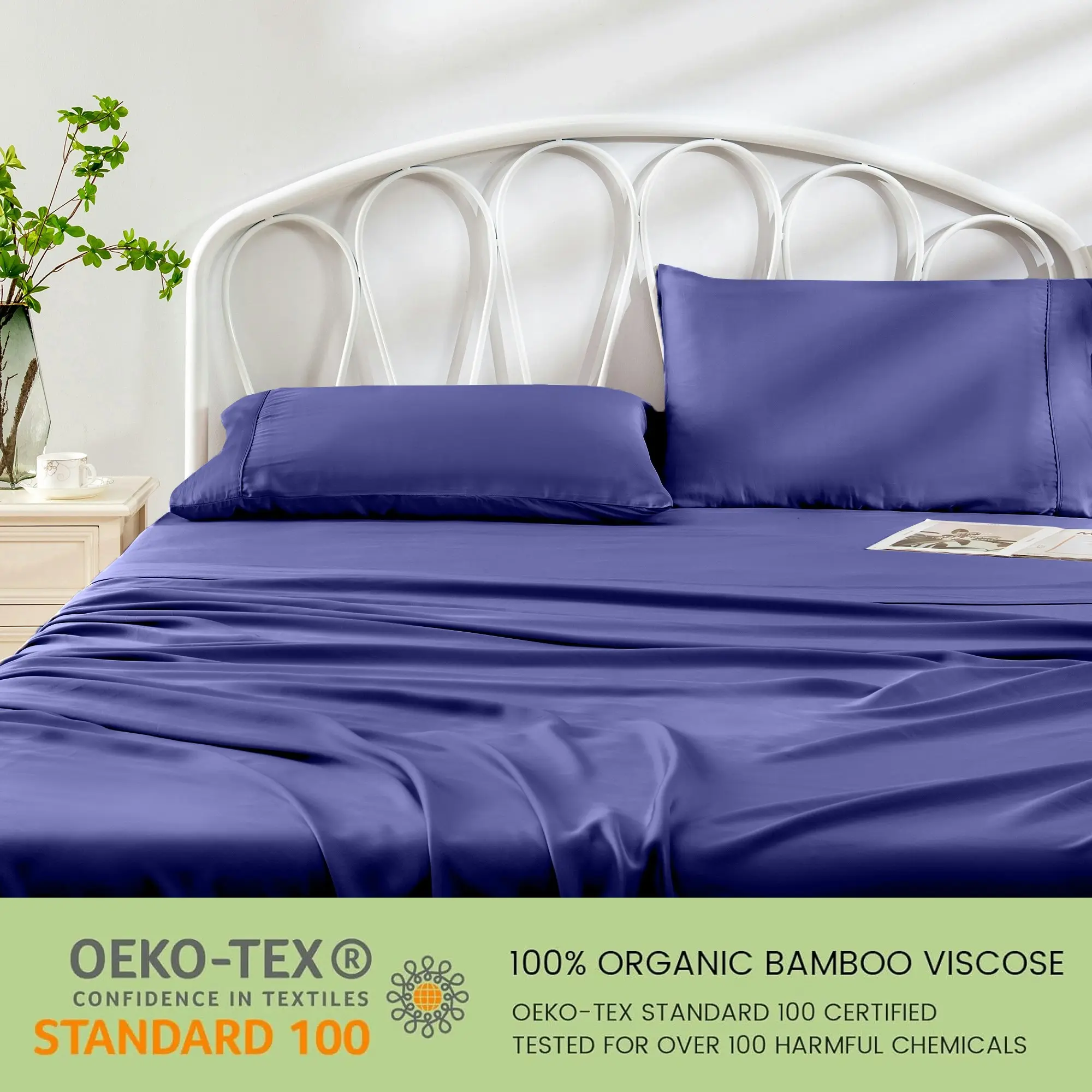 Linenova 100% Organic Bamboo Sheet Sets Cooling Soft 5 Sizes Bed Set,Navy