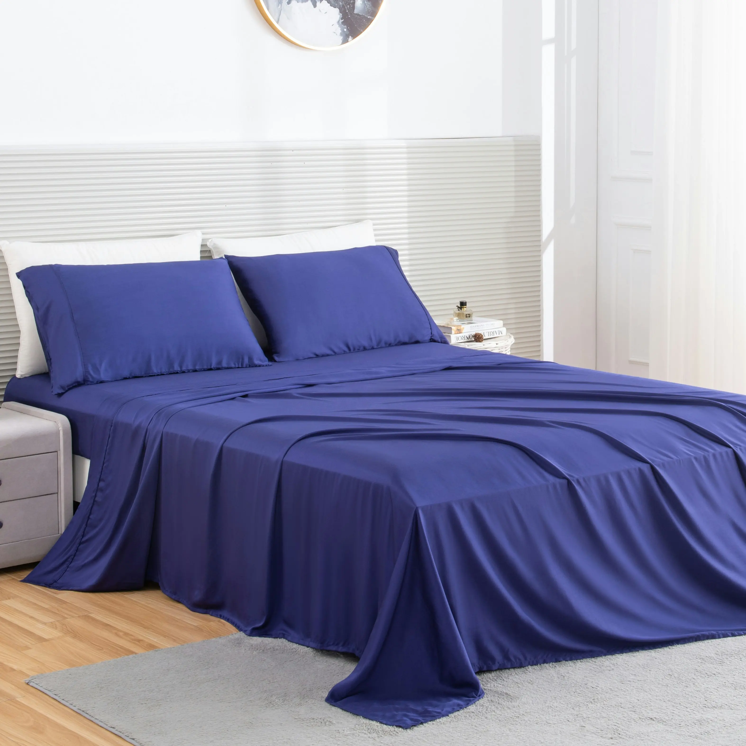 Linenova 100% Organic Bamboo Sheet Sets Cooling Soft 5 Sizes Bed Set,Navy