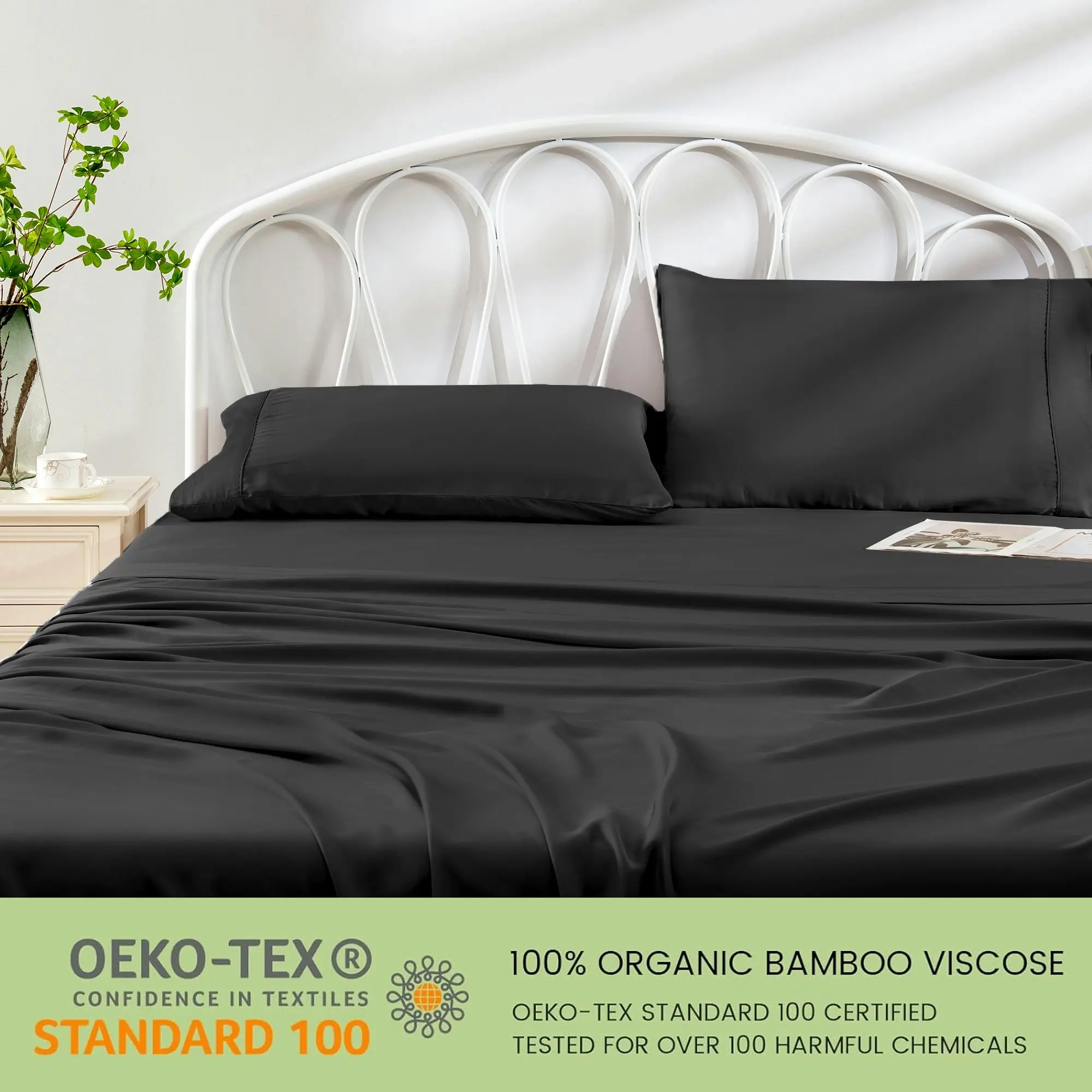 Linenova 100% Organic Bamboo Sheet Sets Cooling Soft 5 Sizes Bed Set,Black