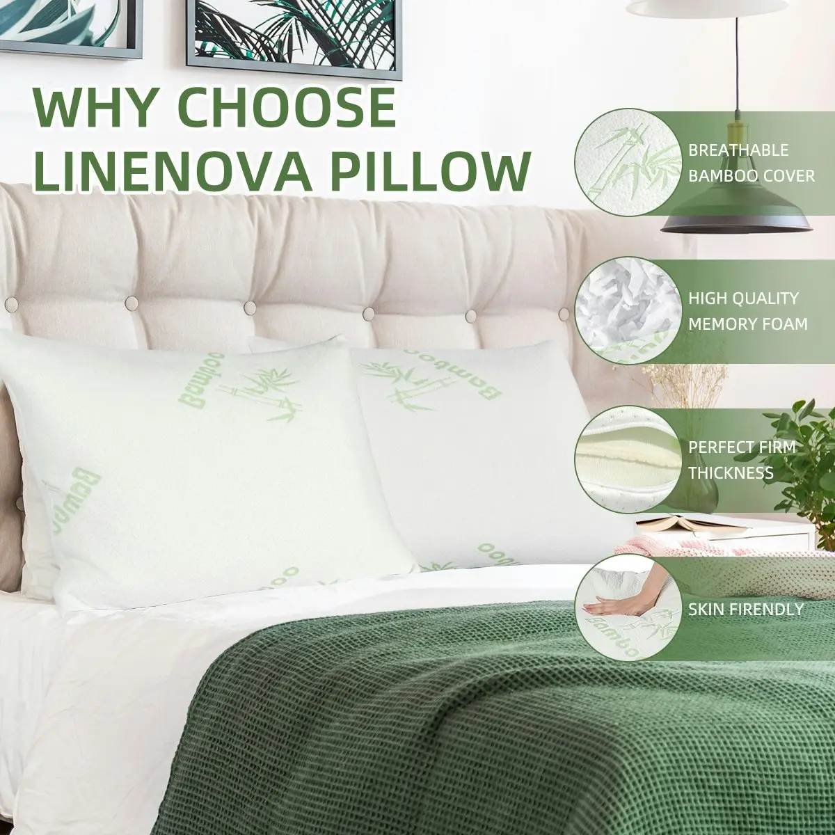 Linenova Bamboo Memory Foam Pillow Luxury Soft Perfect Medium Firm Density Home Bed Pillow