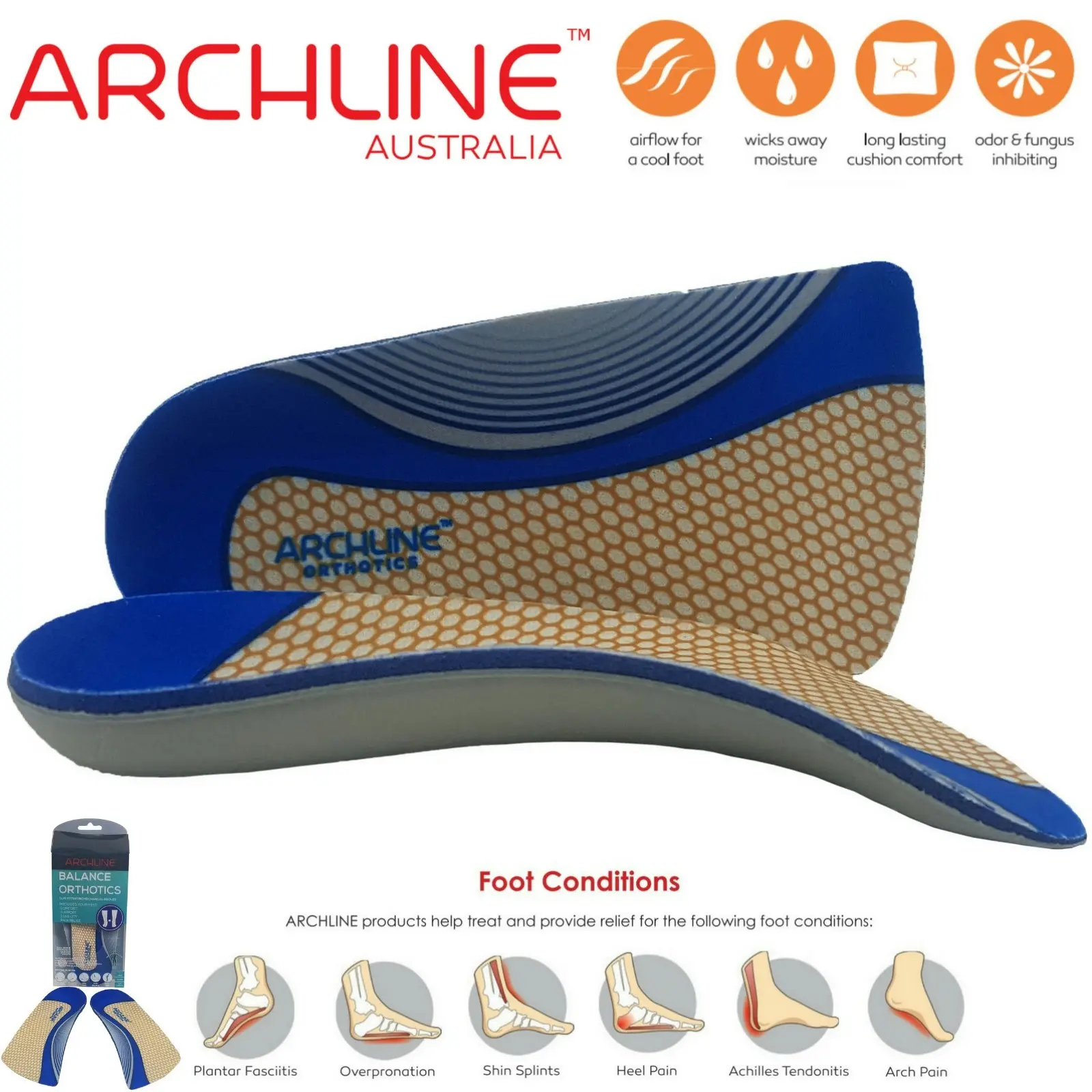 Archline 3/4 Slim Orthotics Plantar Fasciitis Insoles Balance Support Relief