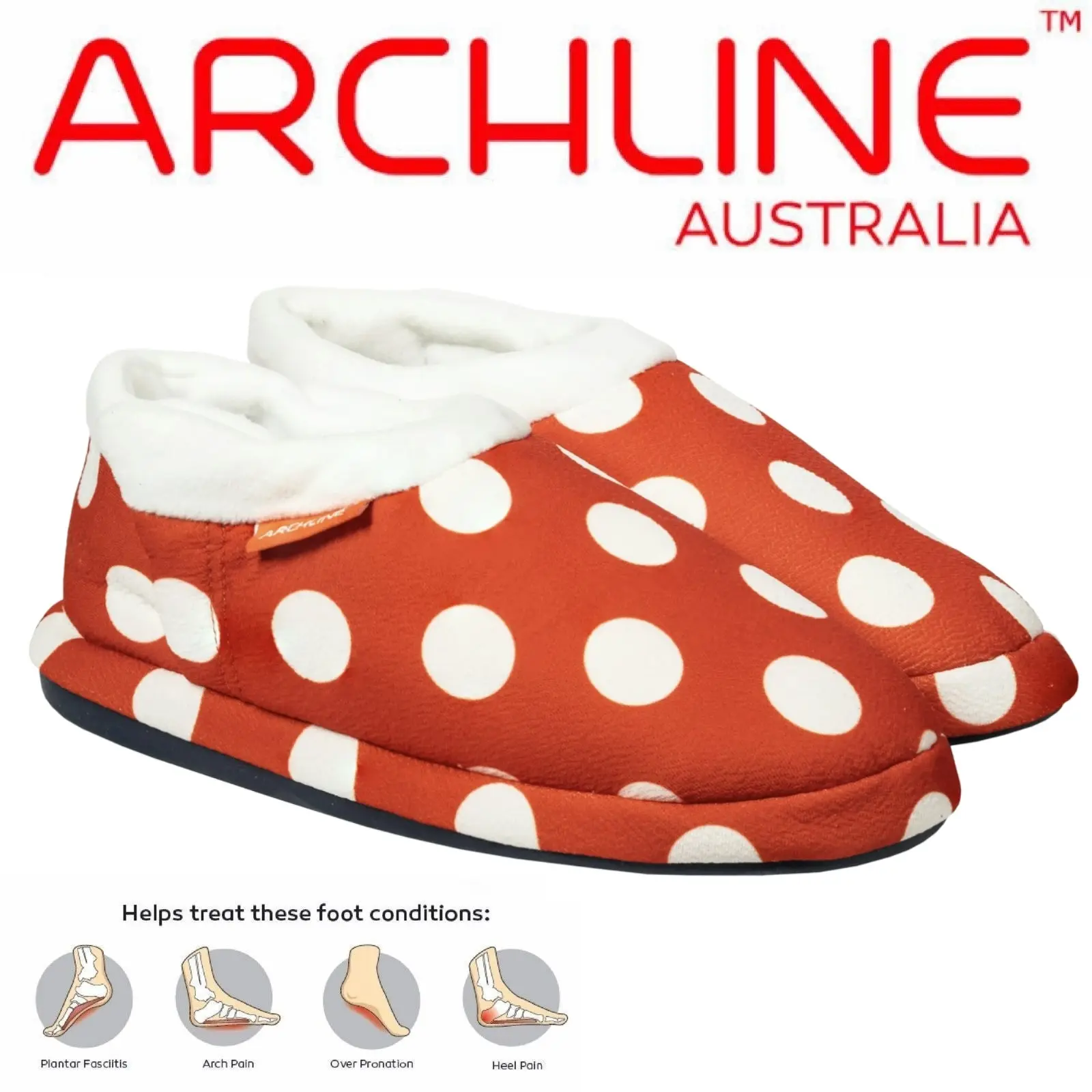 Archline Orthotic Slippers CLOSED Back Scuffs Moccasins Pain Relief - Red Polka Dots