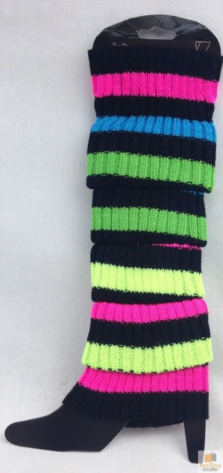 RAINBOW LEG WARMERS High Knitted Womens Neon Party Knit Ankle Socks 80s Dance