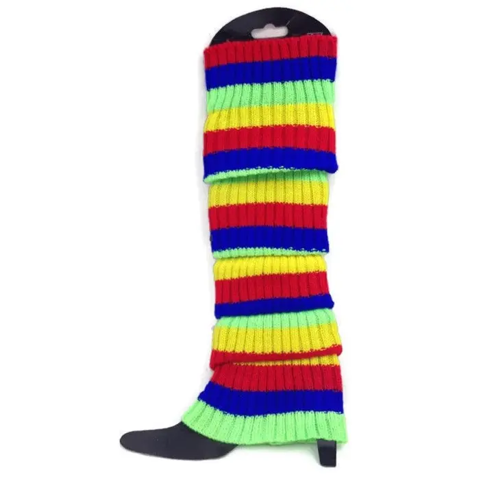 RAINBOW LEG WARMERS Stocking Ribbed High Knitted Socks Chunky Dance 80s Party