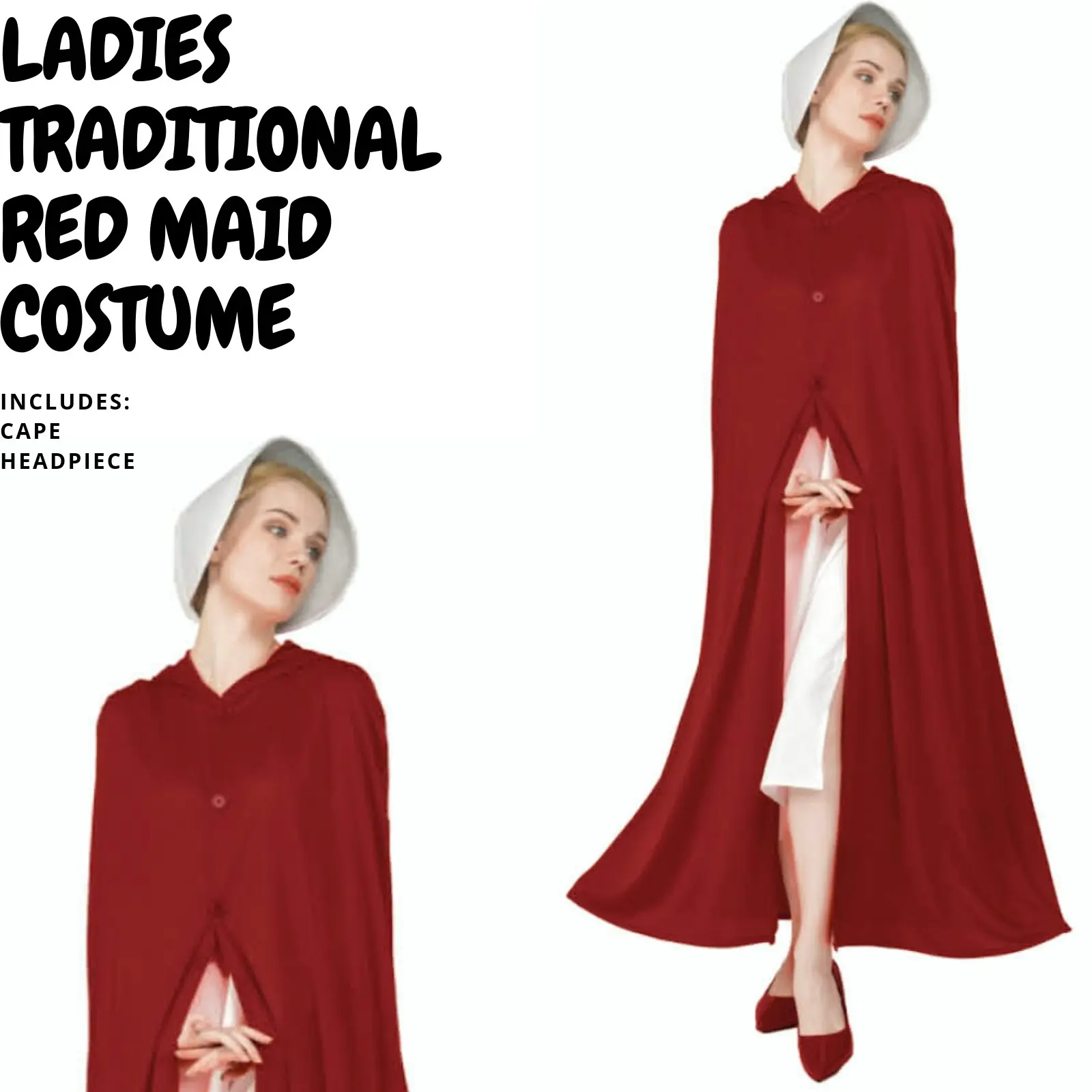 Womens Traditional Red Maid Costume Colonial Olden Days Dress Party Cape