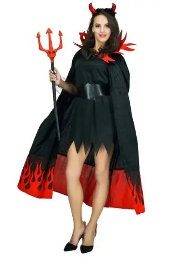 Devil Demon On Fire Mens Ladies Halloween Costume Cape and Devil Horns