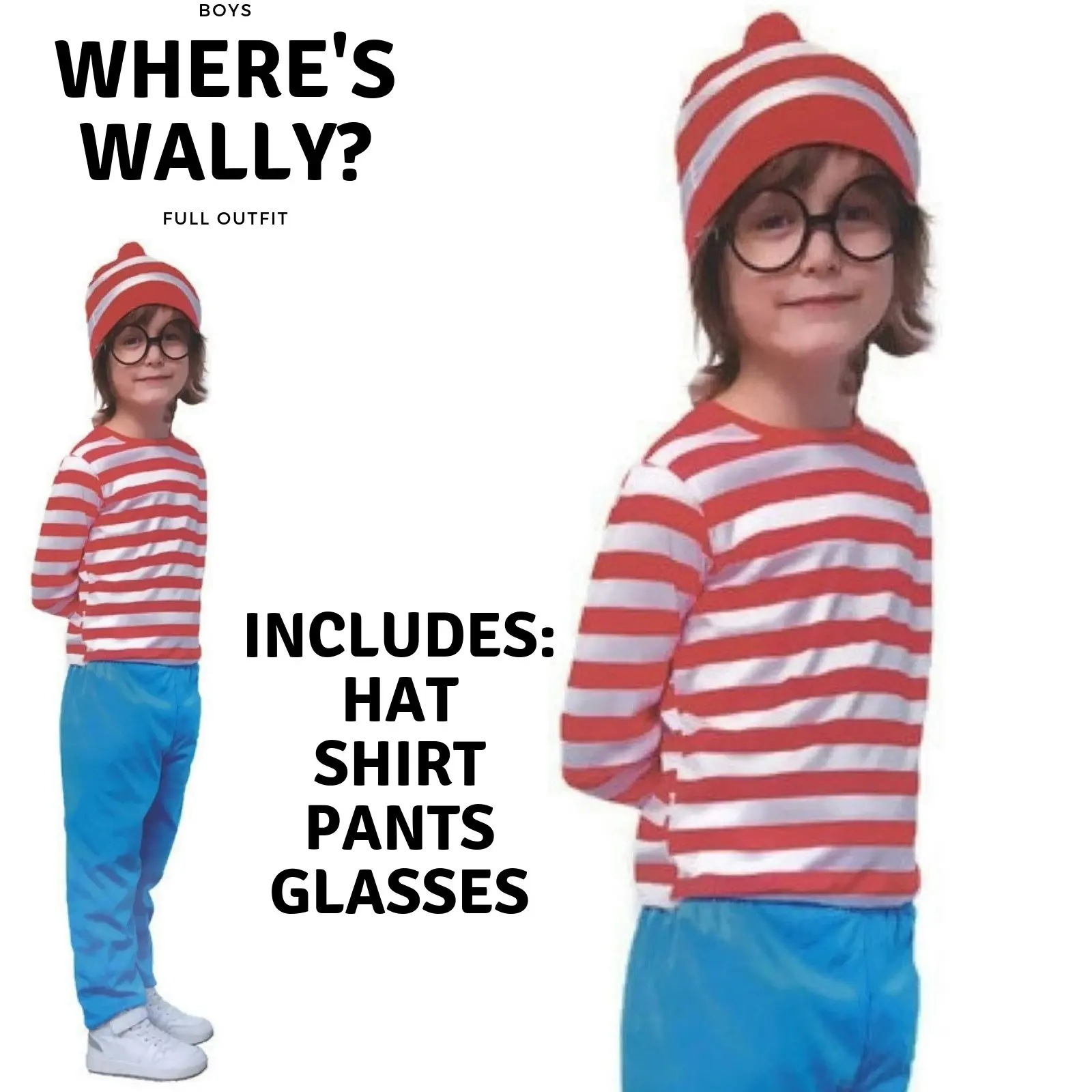 Kids Wheres Wally COSTUME FULL SET Party Hat Shirt Top Pants Boys Book Week