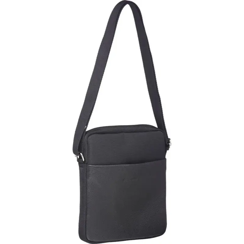 Pierre Cardin Mens Italian Leather iPad Cross Body Bag with Nylon Trim- Black