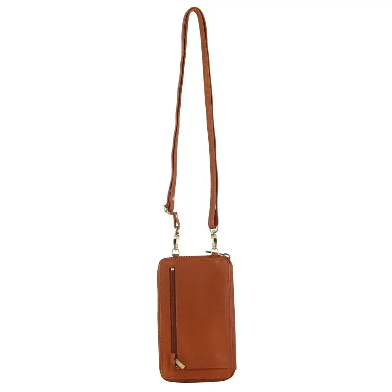 Pierre Cardin Ladies Leather Cross Body Bag/Wallet Bag/Clutch Wallet - Cognac