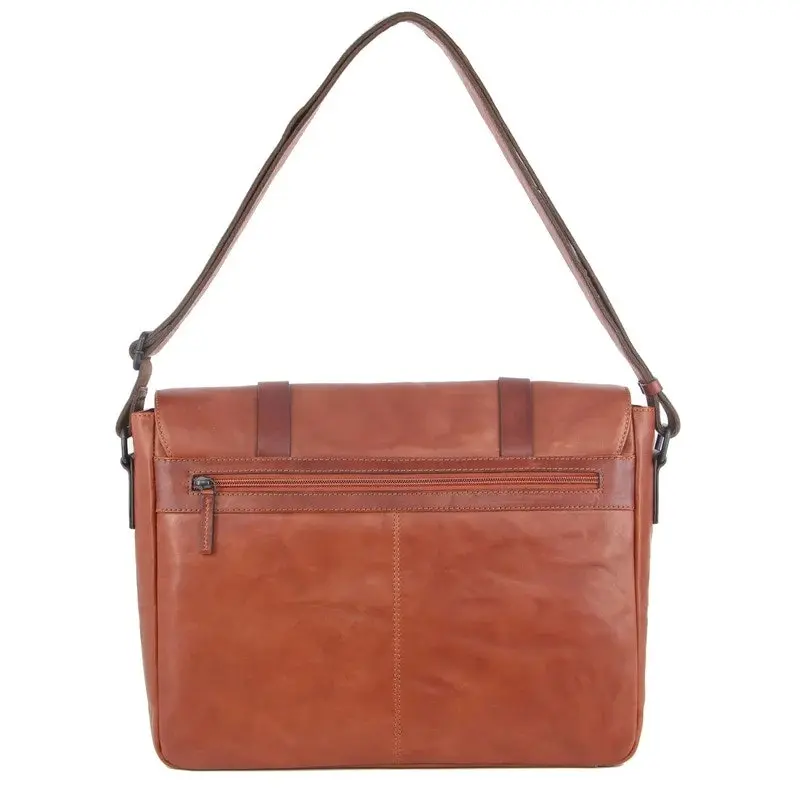 Pierre Cardin Mens Crumple Leather Flap Over Computer/Laptop Bag - Cognac