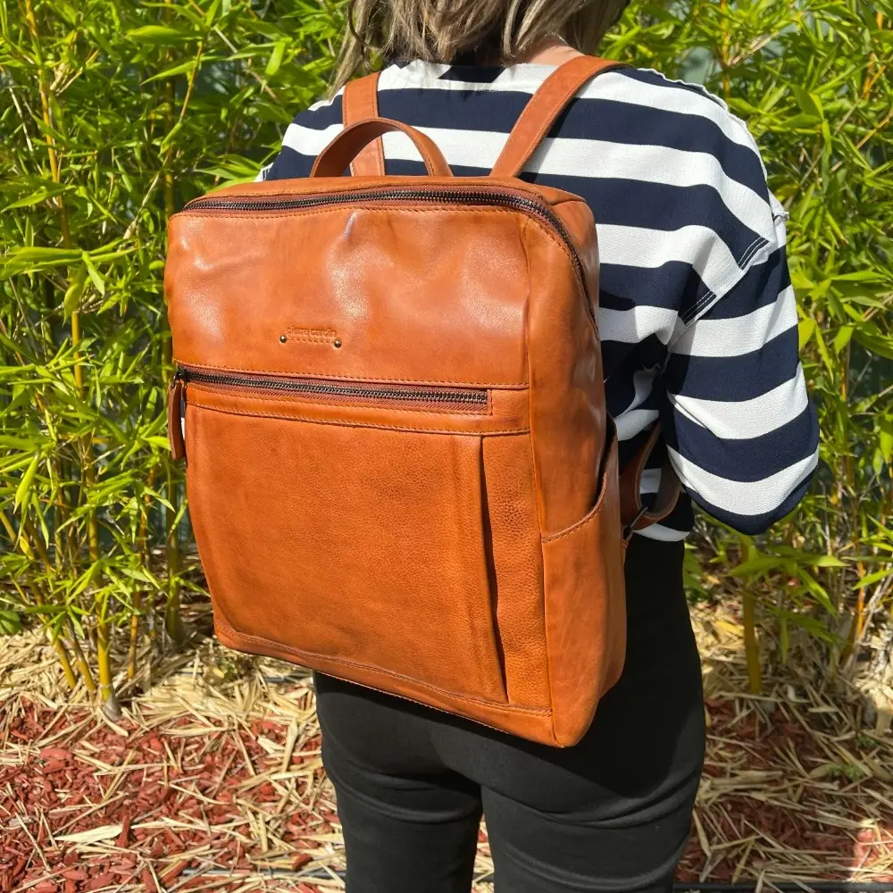 Pierre Cardin Italian Leather Unisex Backpack Bag w 15" Laptop Insert in Cognac