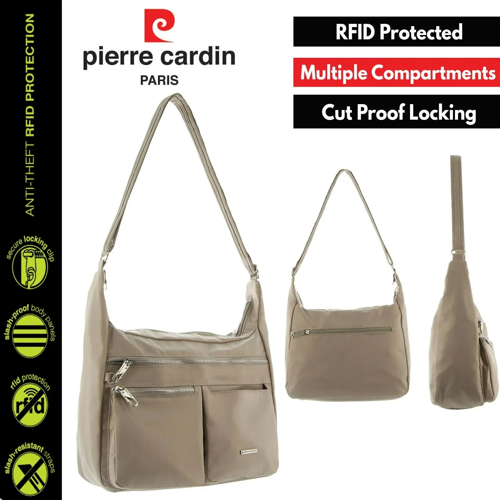 Pierre Cardin Anti-Theft Cross Body Bag RFID Slash Proof Travel - Taupe