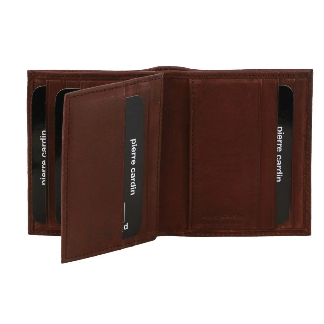 Pierre Cardin Mens Slim Bi-Fold Leather Wallet Rustic w/ RFID Protection in Brown