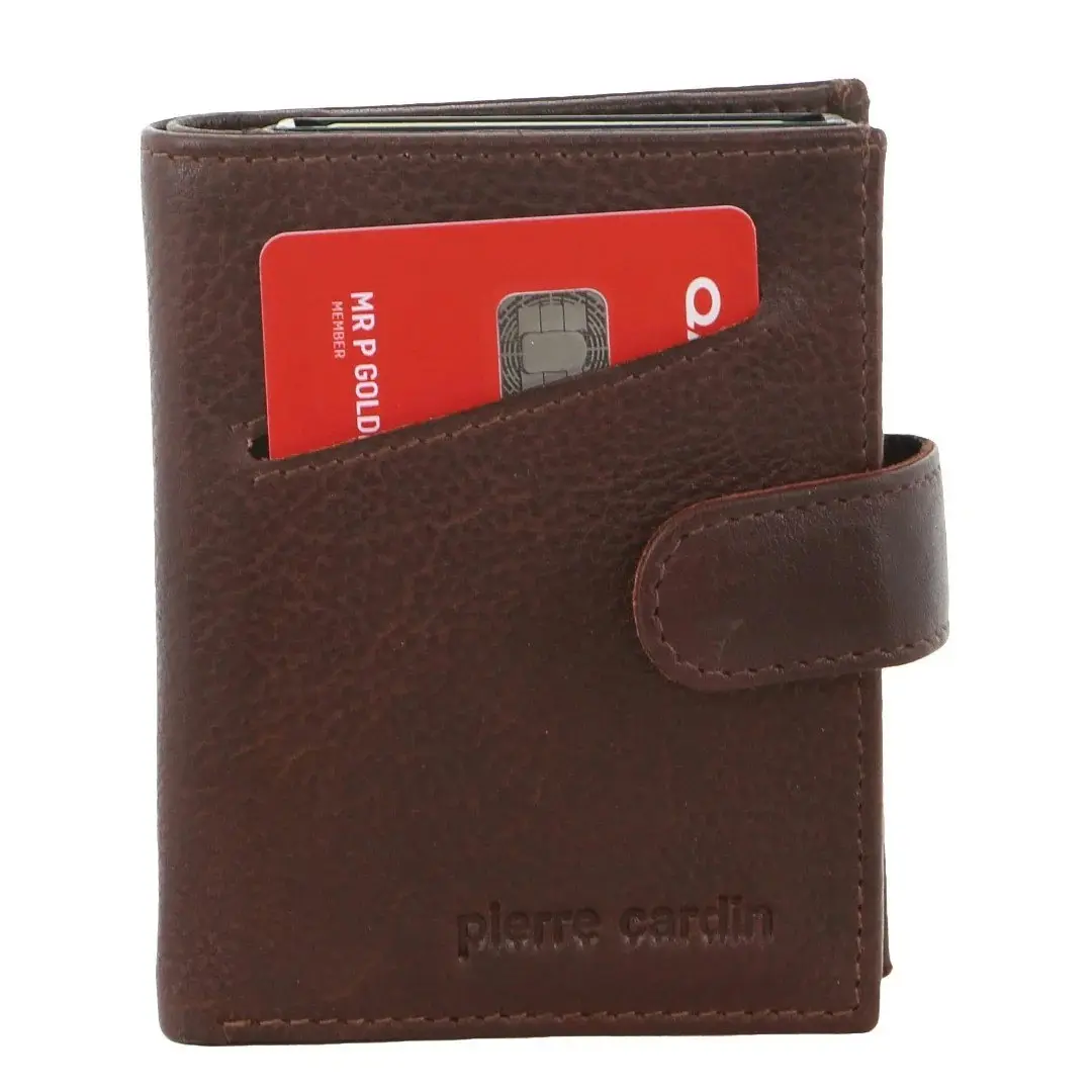 Pierre Cardin Leather Smart Slide Card Holder Tab Wallet RFID - Brown