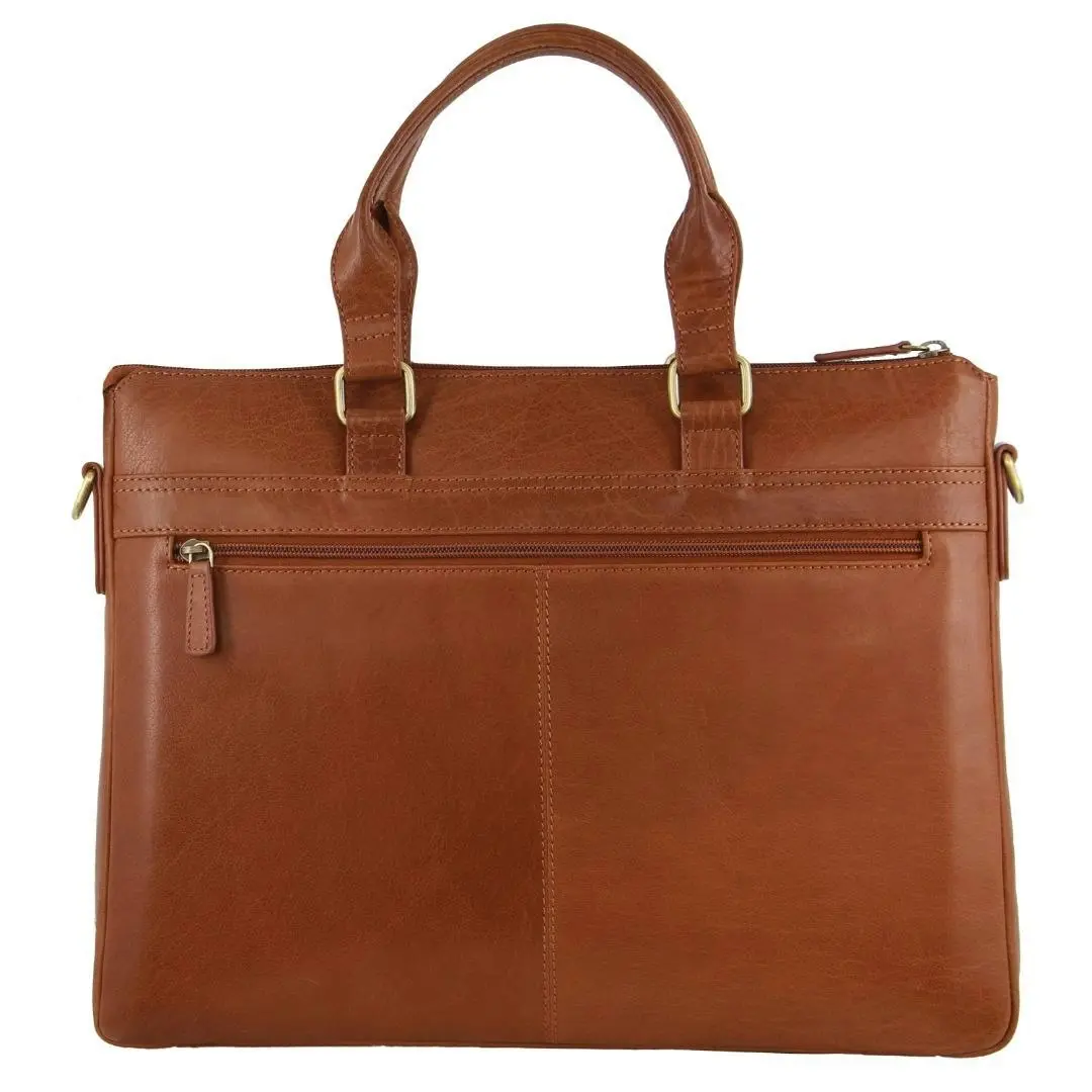 Pierre Cardin Mens Leather Briefcase Business Bag Shoulder Laptop Tote  - Tan