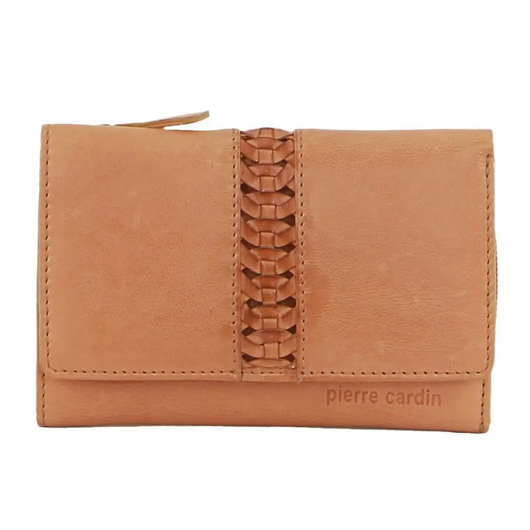 Pierre Cardin Leather Ladies Woven Design Tri-fold Wallet in Apricot