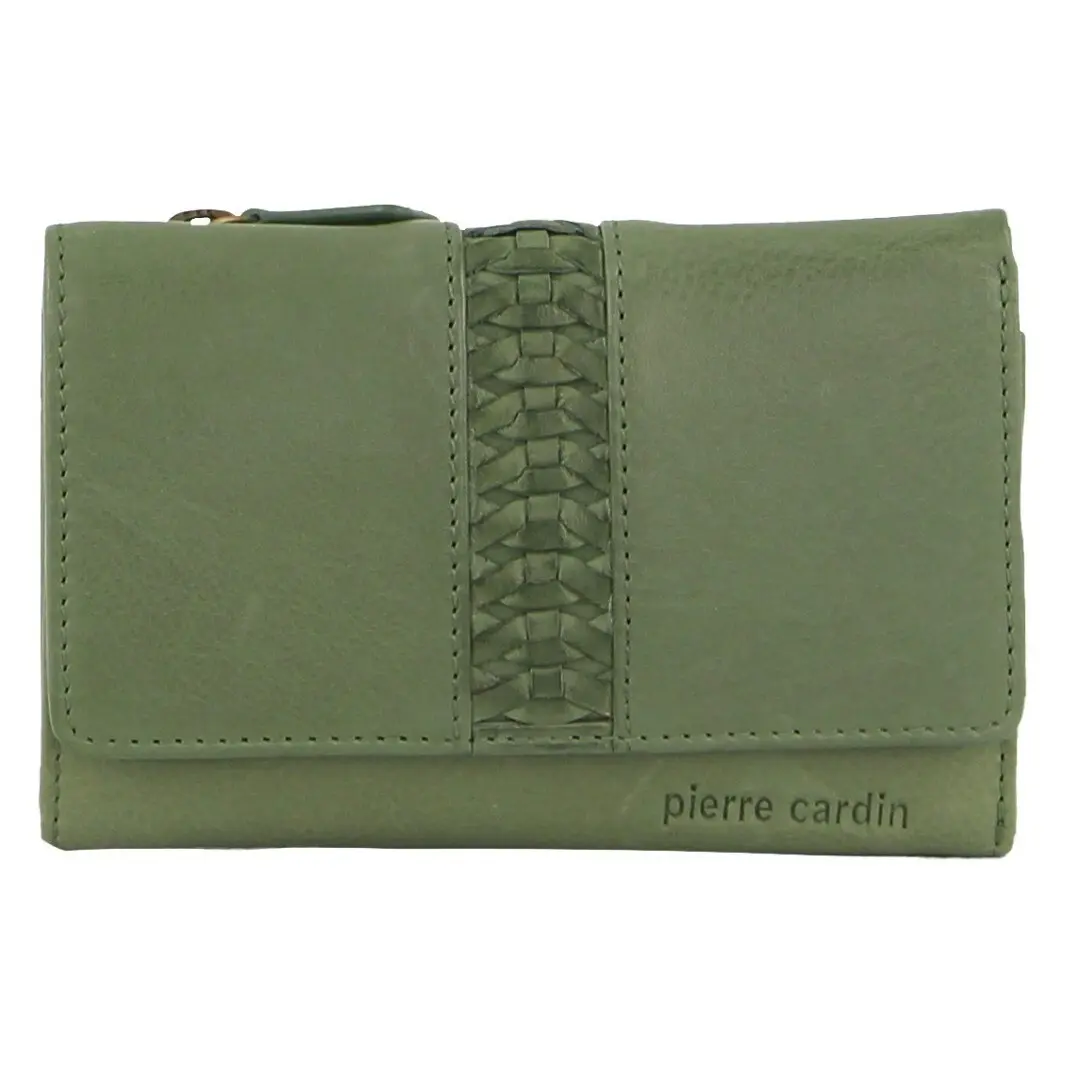 Pierre Cardin Leather Ladies Woven Design Tri-fold Wallet in Leaf Green