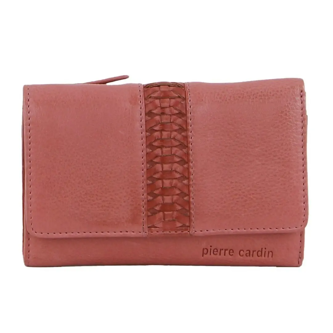 Pierre Cardin Leather Ladies Woven Design Tri-fold Wallet in Marsala