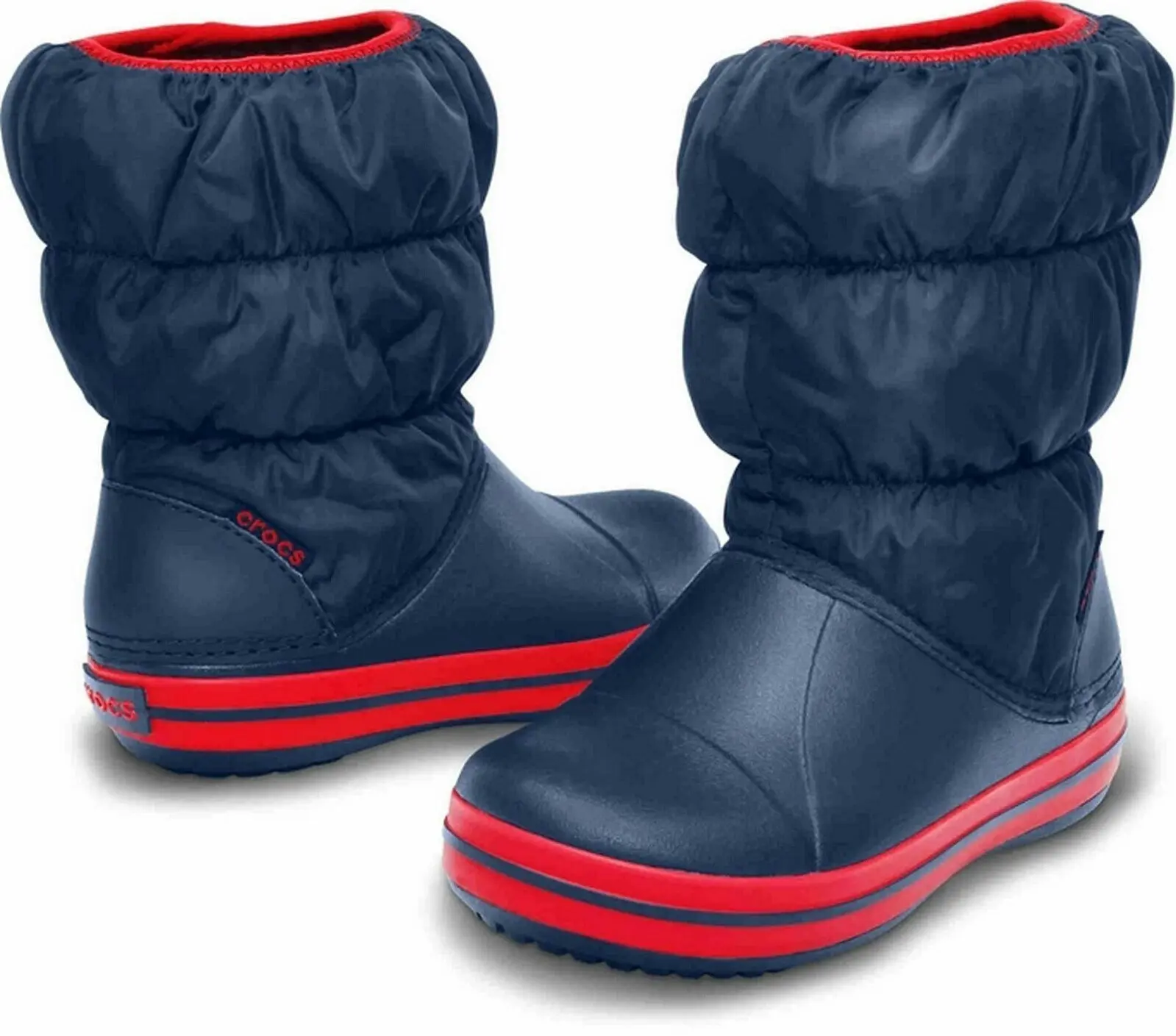 Crocs Kids Winter Puff Boot Childrens Boys Girls Warm Puffer - Navy/Red