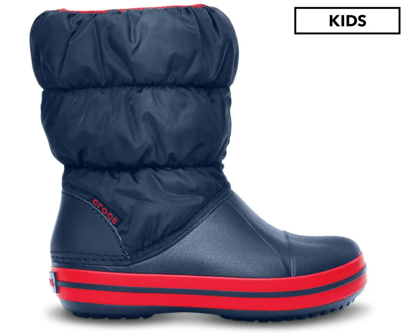 Crocs Kids Winter Puff Boot Childrens Boys Girls Warm Puffer - Navy/Red