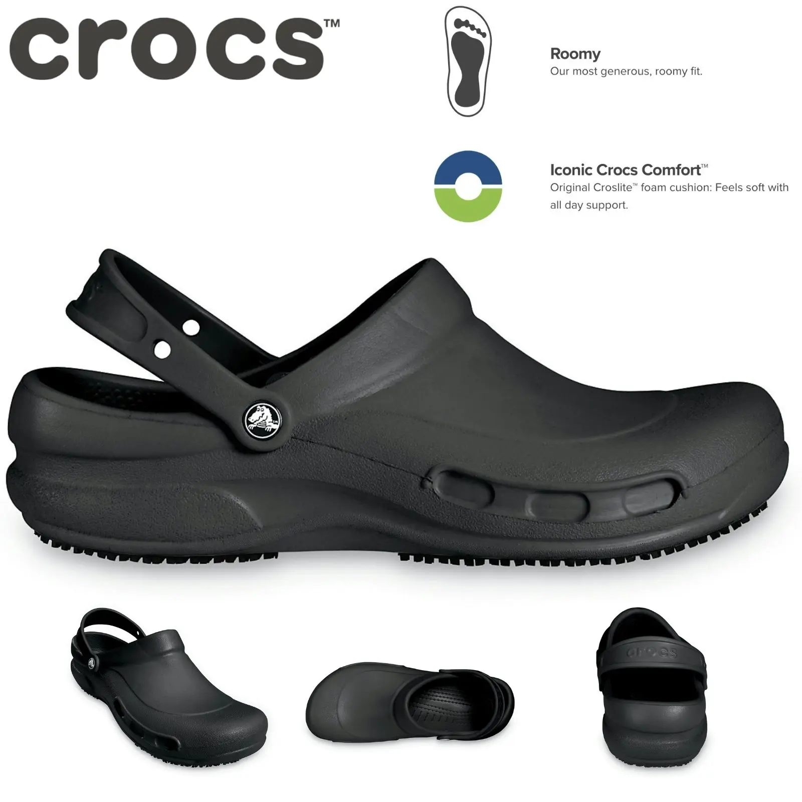 Crocs Bistro Slip Resistant Clogs Shoes Sandals Work Occupational - Black - Mens US 11/Womens US 13