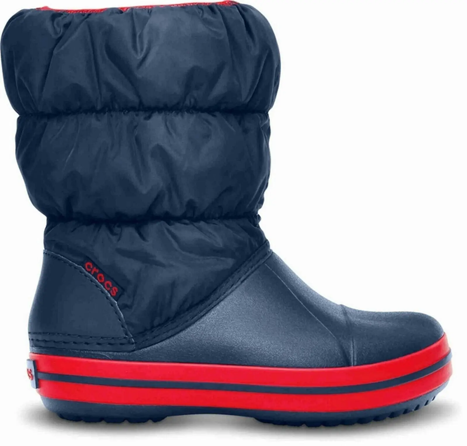 Crocs Kids Winter Puff Boot Childrens Boys Girls Warm Puffer - Navy/Red  - US C8