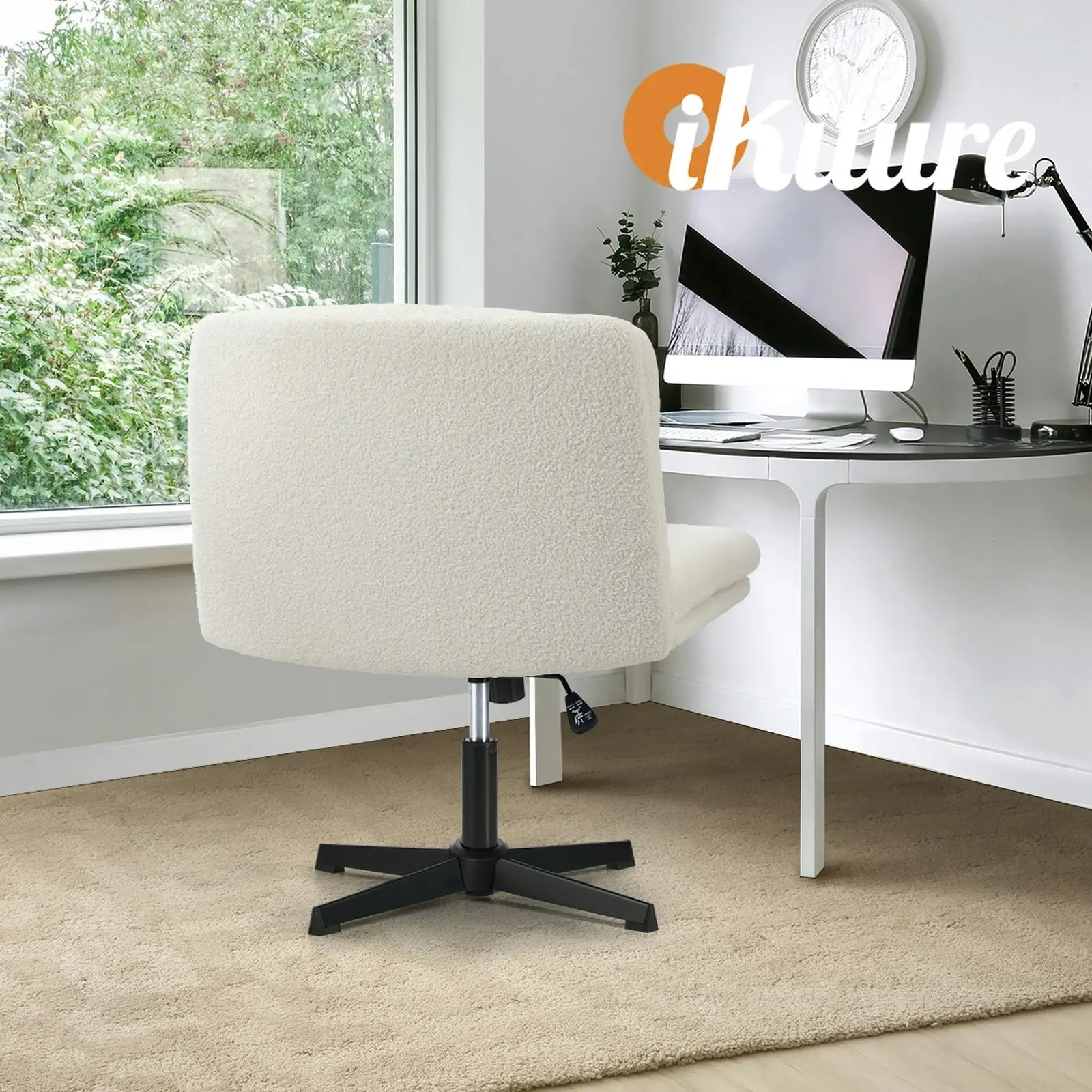 Oikiture Mid Back Armless Office Desk Chair Wide Seat No Wheels Boucle White