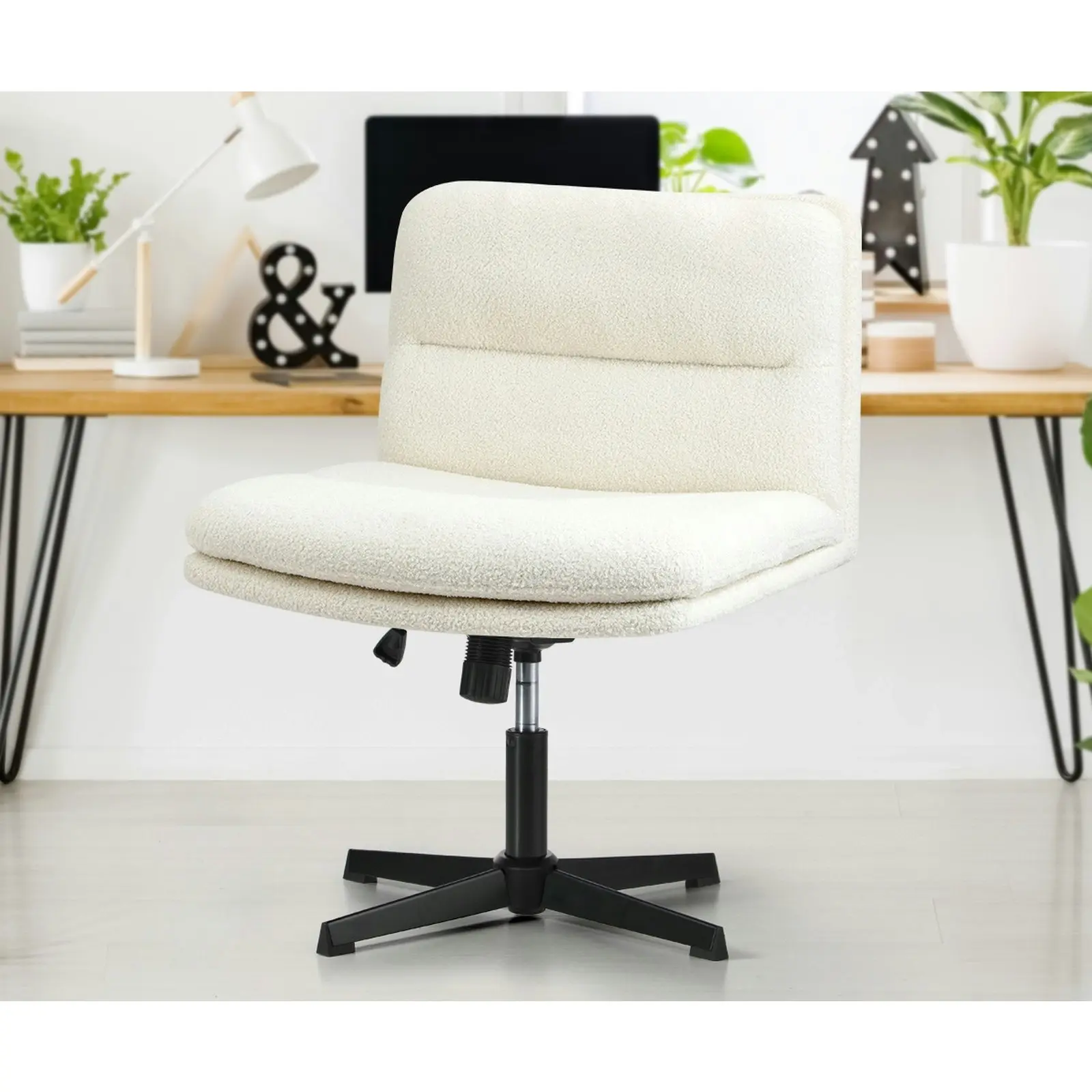 Oikiture Mid Back Armless Office Desk Chair Wide Seat No Wheels Boucle White