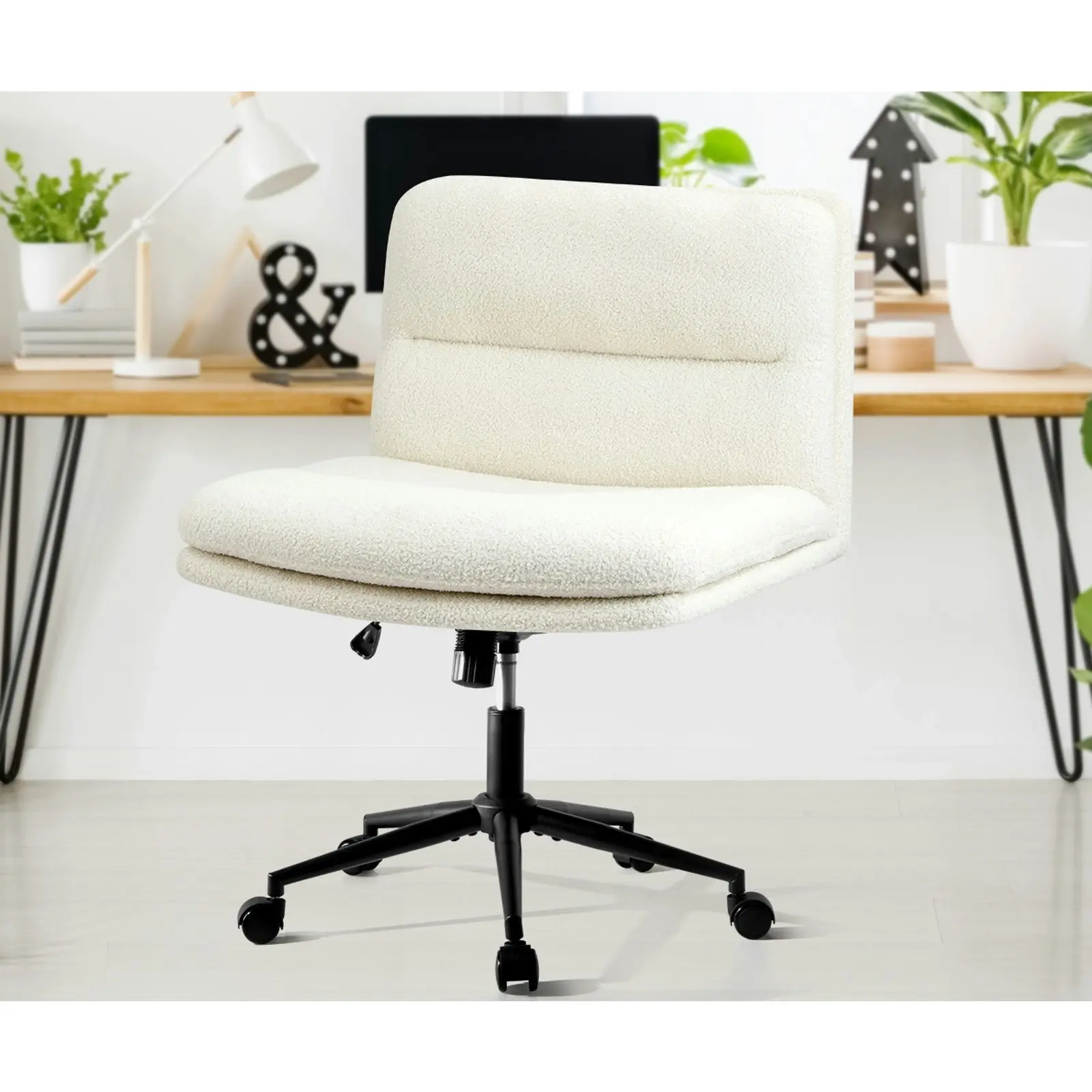 Oikiture Mid Back Armless Office Desk Chair Wide Seat Boucle White with Wheels