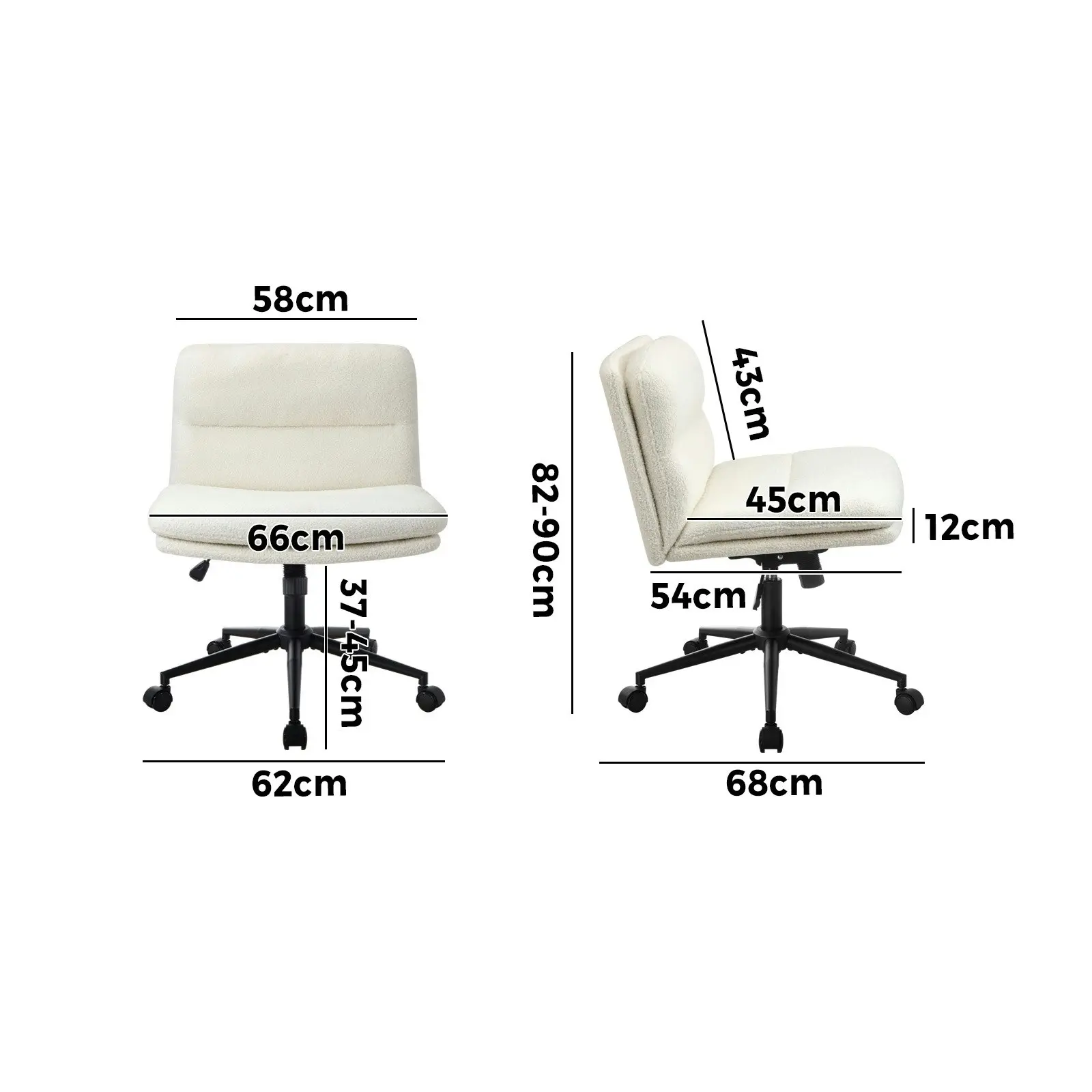 Oikiture Mid Back Armless Office Desk Chair Wide Seat Boucle White with Wheels