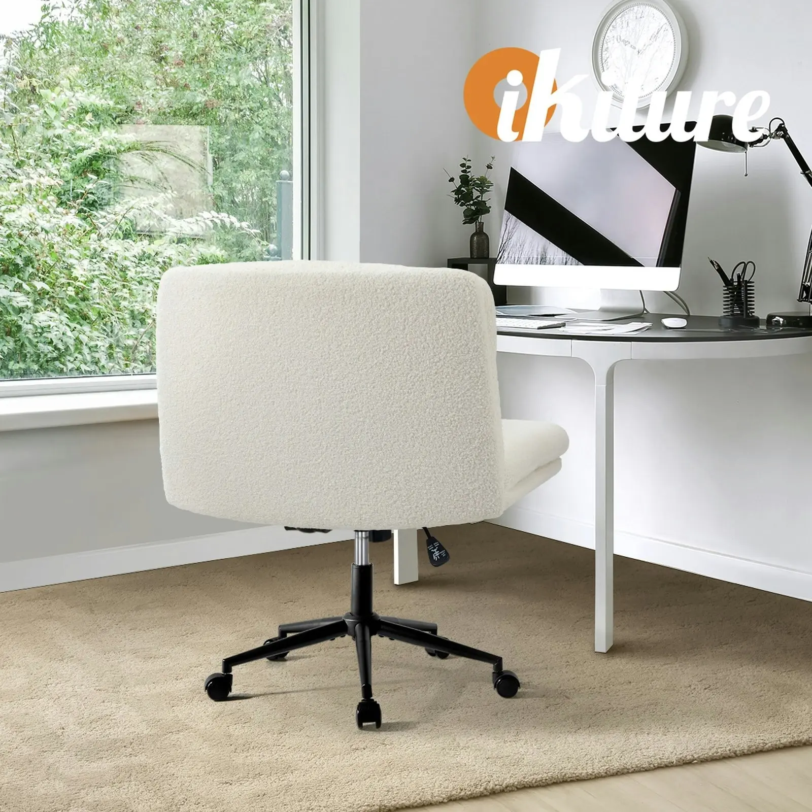 Oikiture Mid Back Armless Office Desk Chair Wide Seat Boucle White with Wheels