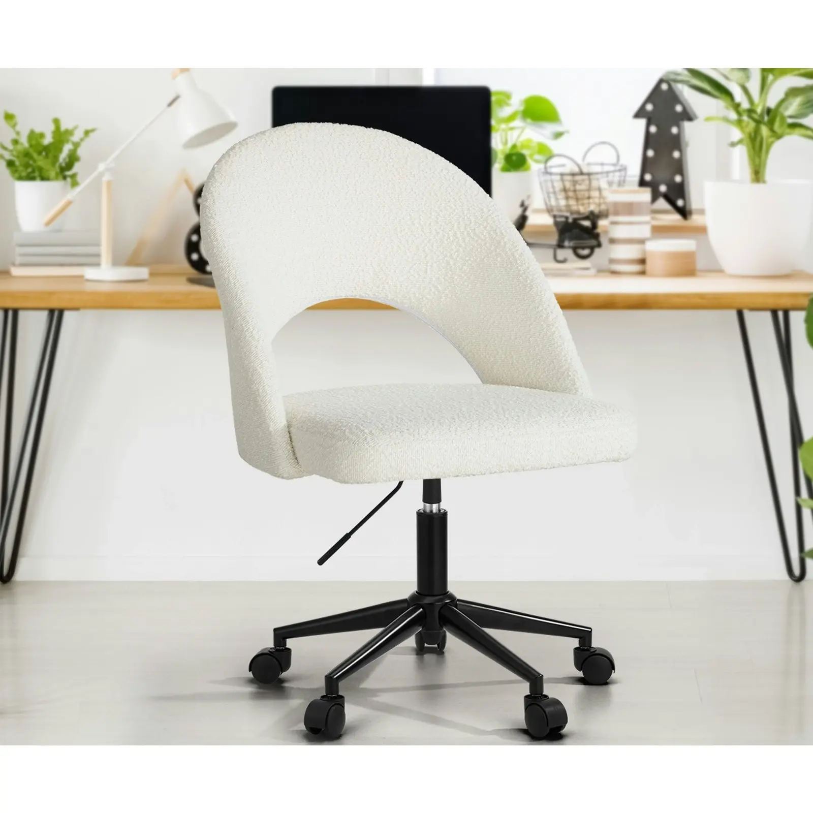 Oikiture High Back Hollow Armless Home Office Chair Boucle White&Black