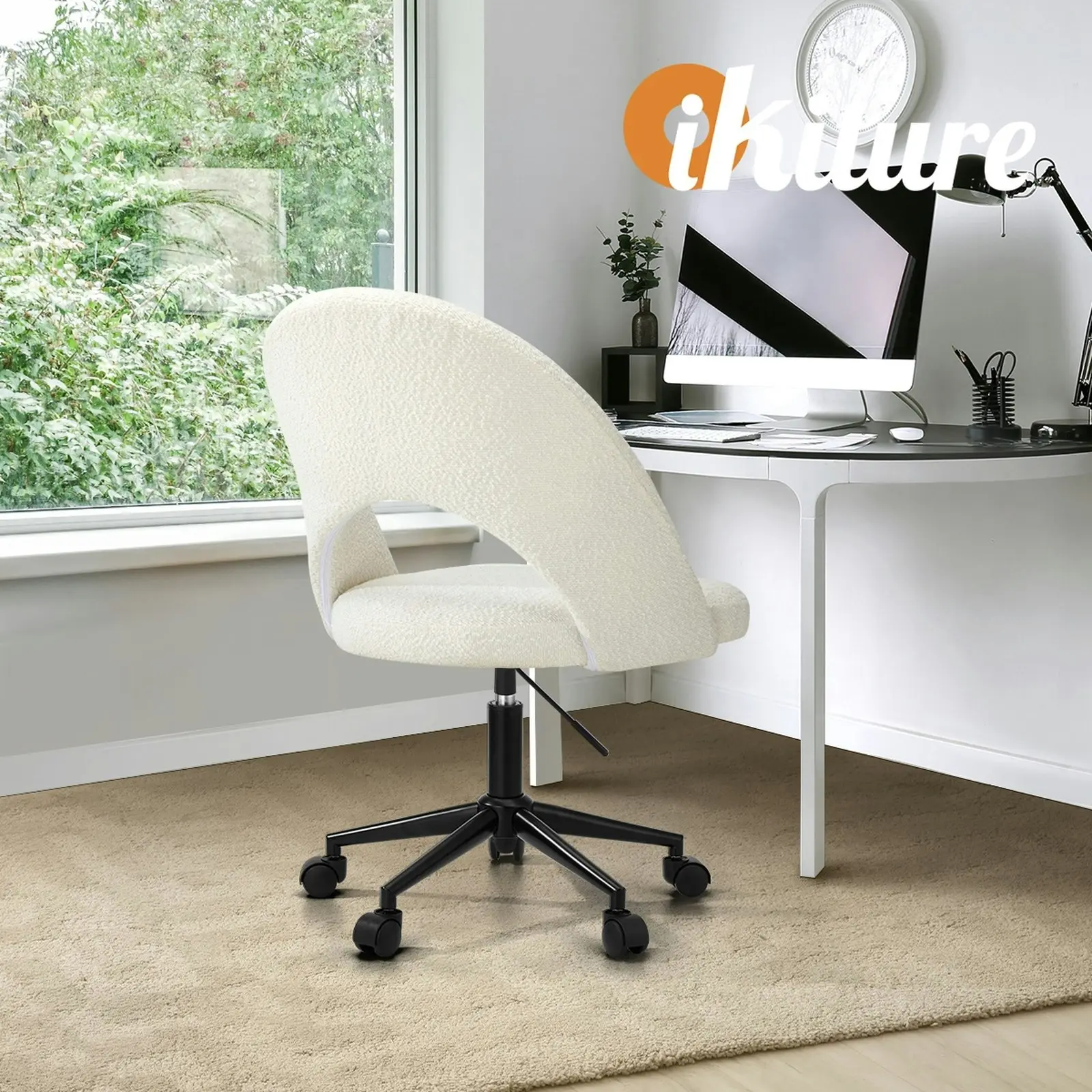 Oikiture High Back Hollow Armless Home Office Chair Boucle White&Black