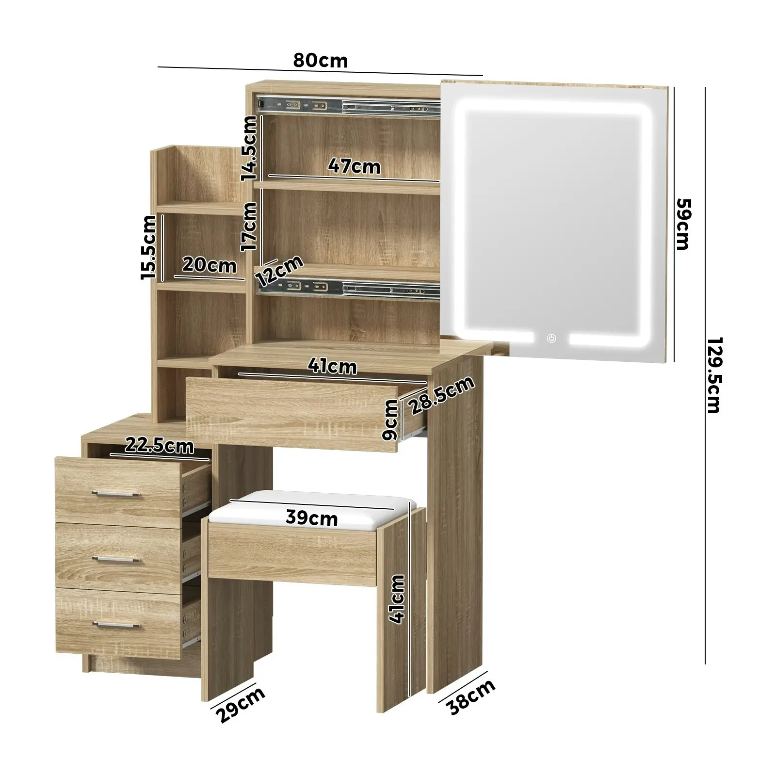 Oikiture Dressing Table Stool Set Makeup Slide Mirror LED Light Vanity Natural