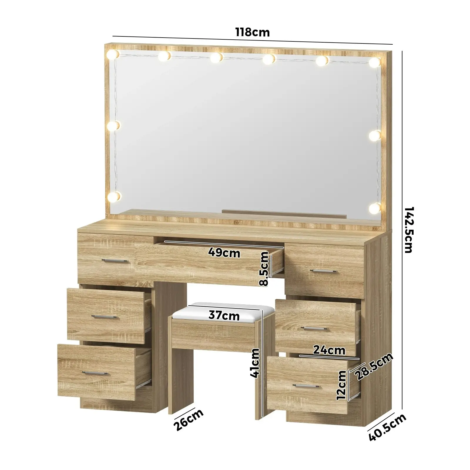 Oikiture Dressing Table Large Makeup Mirror Vanity Desk 10 LED Bulbs Natural