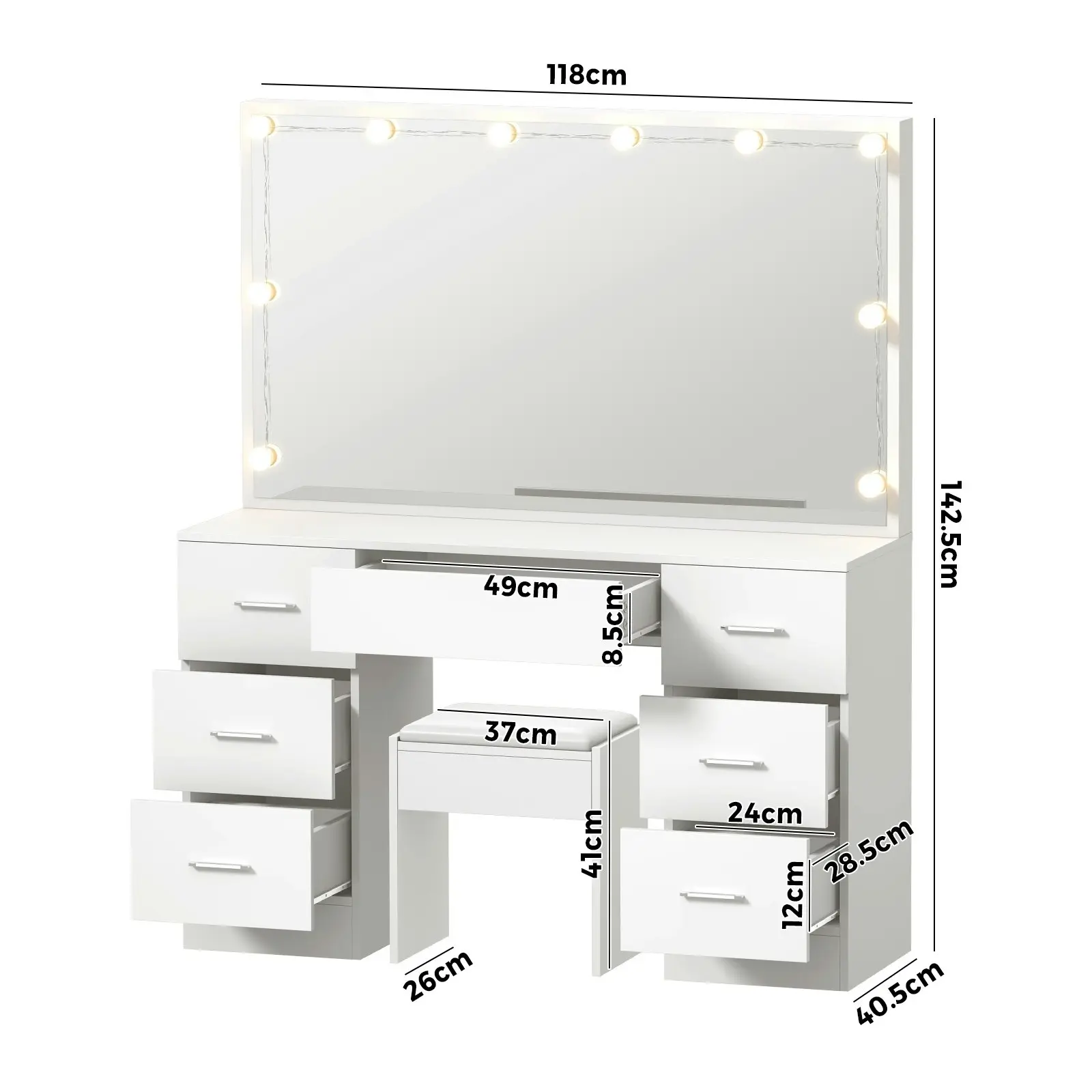 Oikiture Dressing Table Large Makeup Mirror Vanity Desk 10 LED Bulbs White