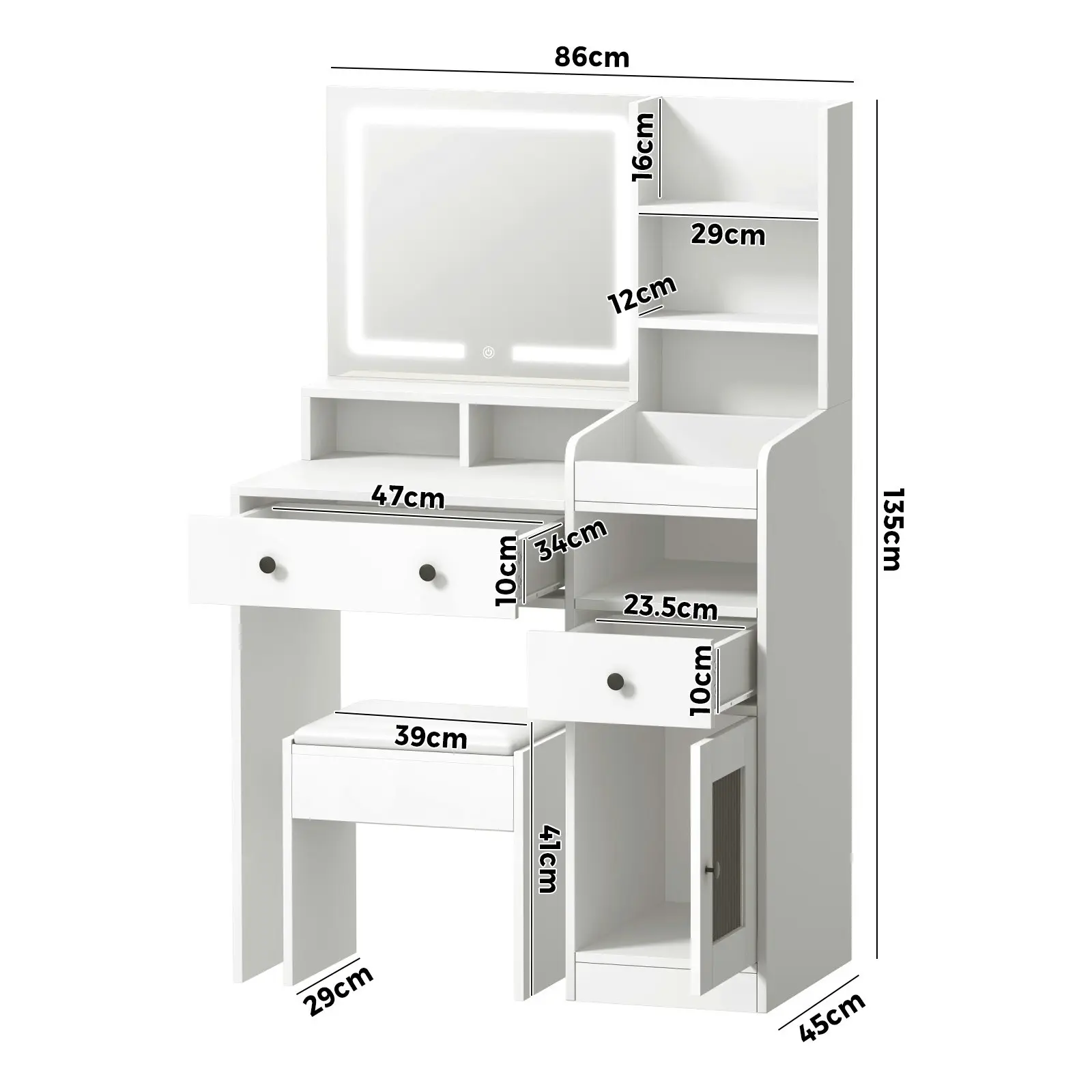 Oikiture Dressing Table Stool Set Makeup Mirror LED Light Vanity Desk White