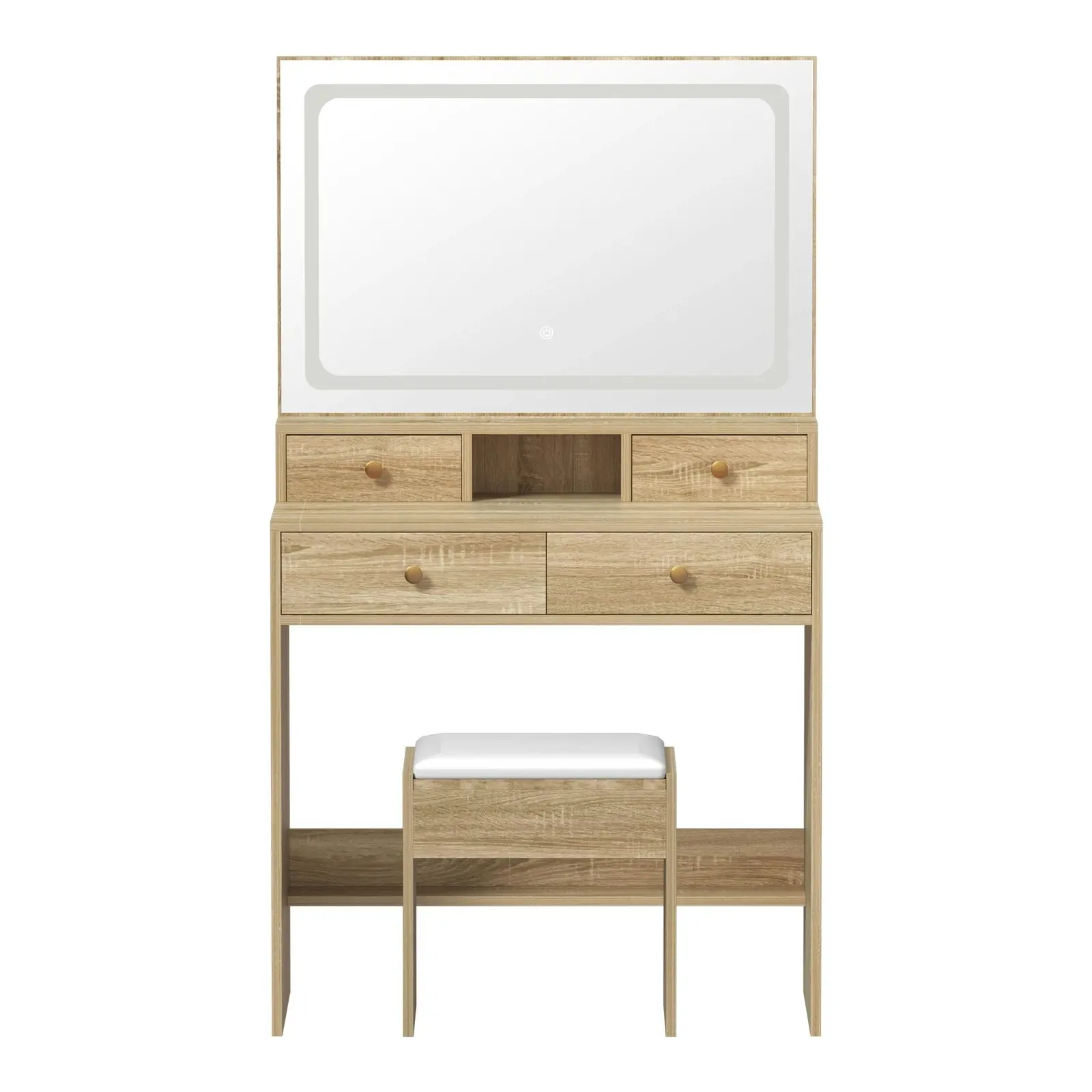 Oikiture Dressing Table Stool Set LED Mirror Vanity Desk with Drawers Natural