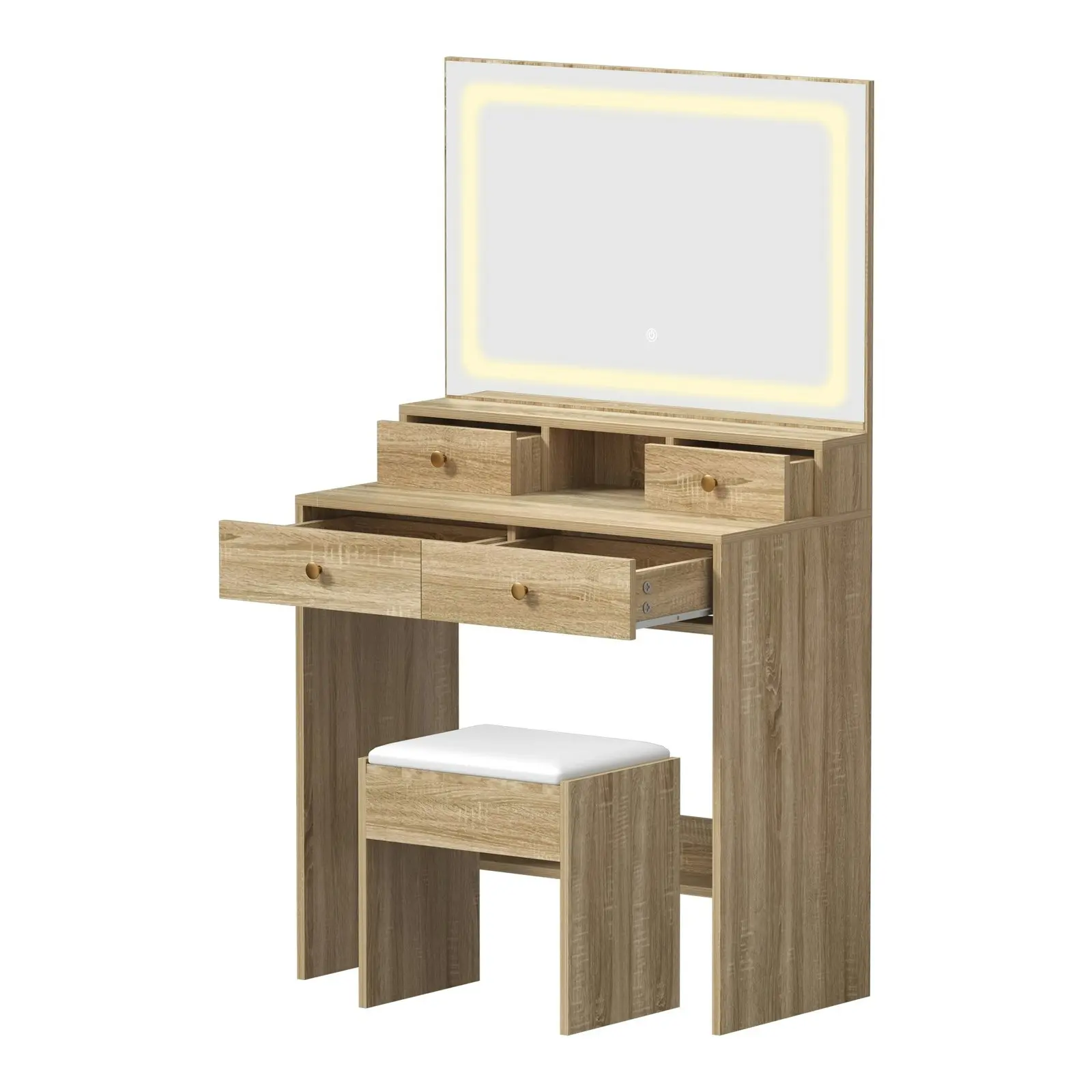 Oikiture Dressing Table Stool Set LED Mirror Vanity Desk with Drawers Natural