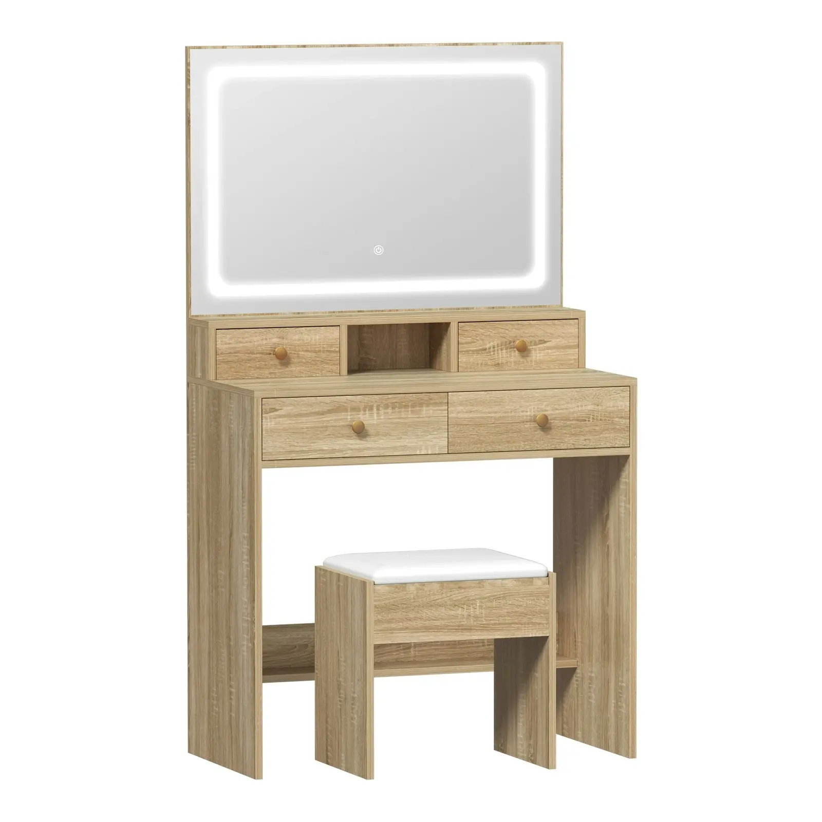 Oikiture Dressing Table Stool Set LED Mirror Vanity Desk with Drawers Natural