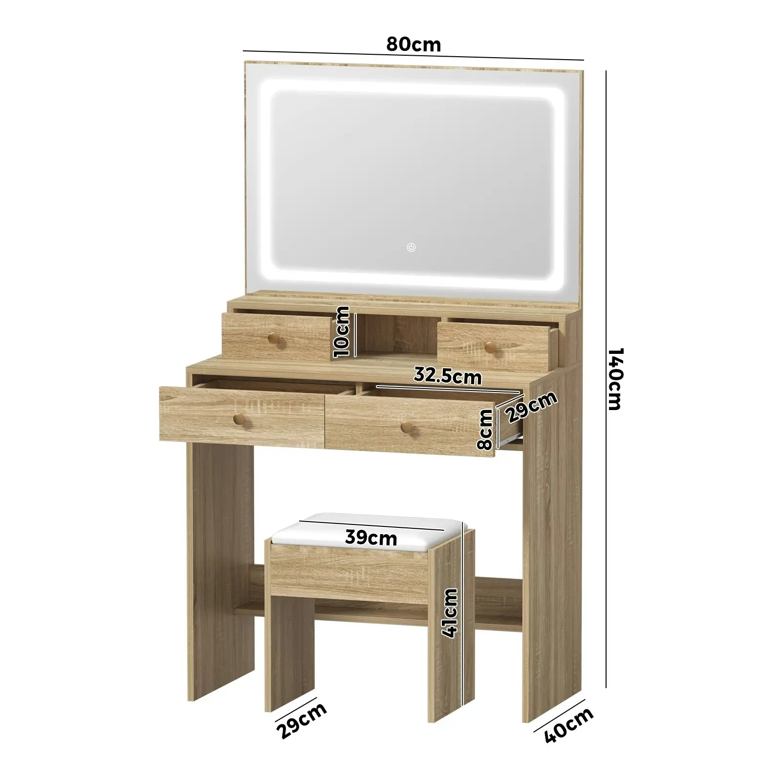 Oikiture Dressing Table Stool Set LED Mirror Vanity Desk with Drawers Natural