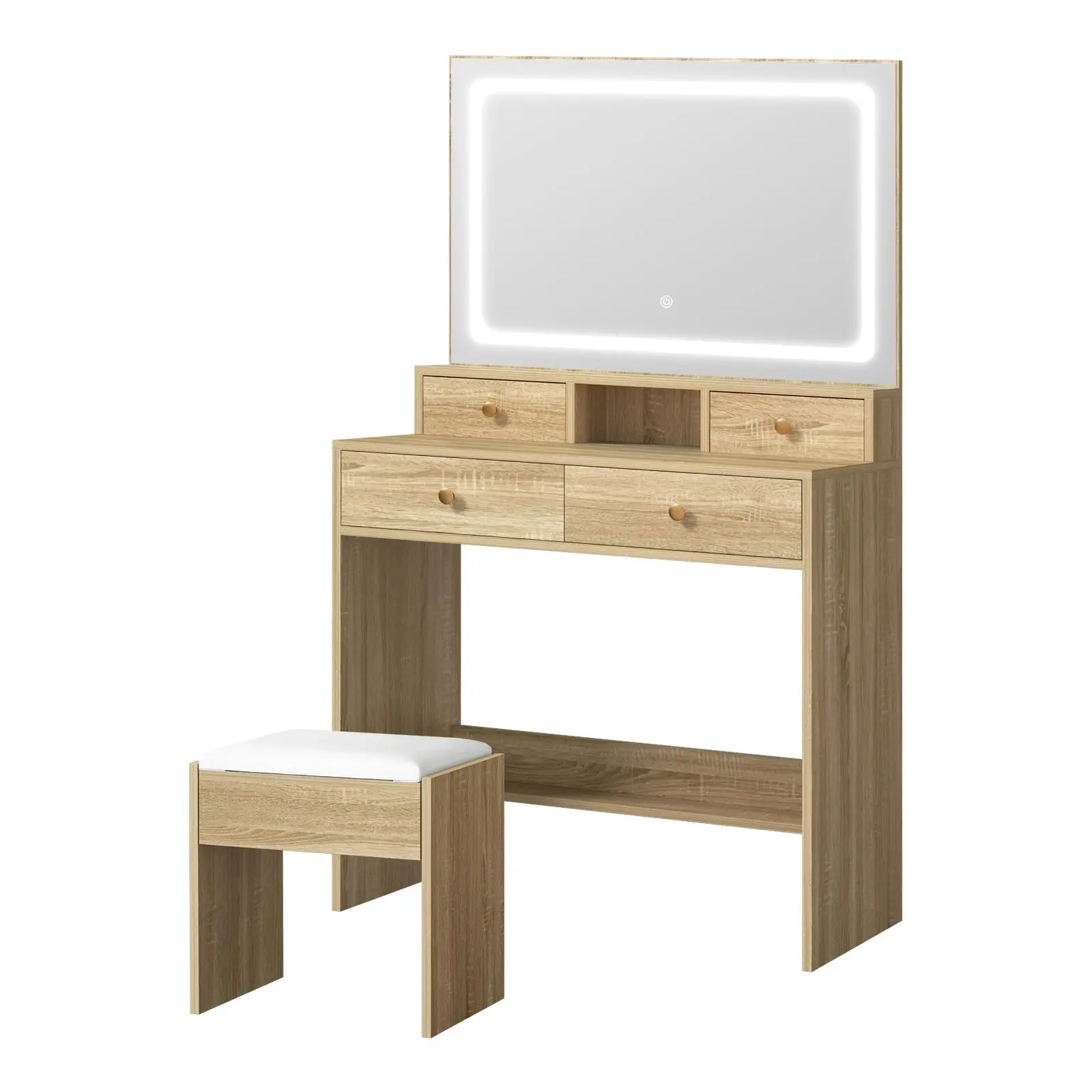 Oikiture Dressing Table Stool Set LED Mirror Vanity Desk with Drawers Natural