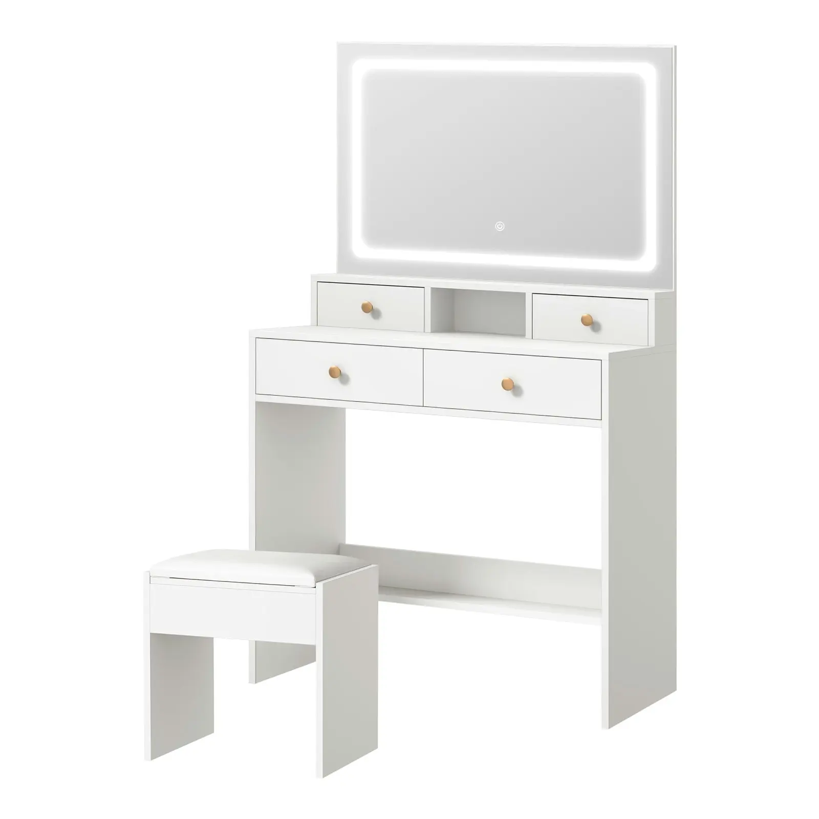 Oikiture Dressing Table Stool Set LED Mirror Vanity Desk with Drawers White