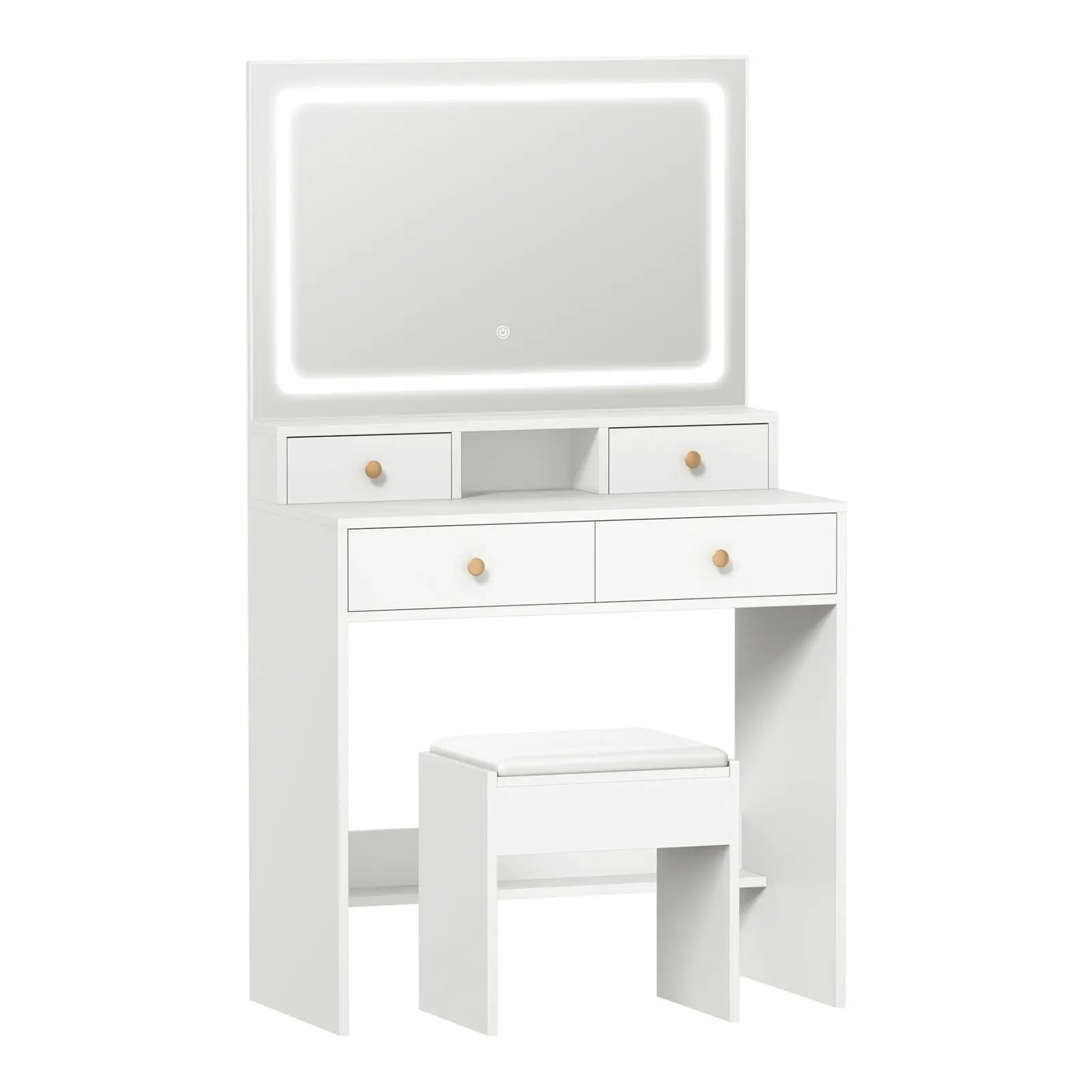 Oikiture Dressing Table Stool Set LED Mirror Vanity Desk with Drawers White